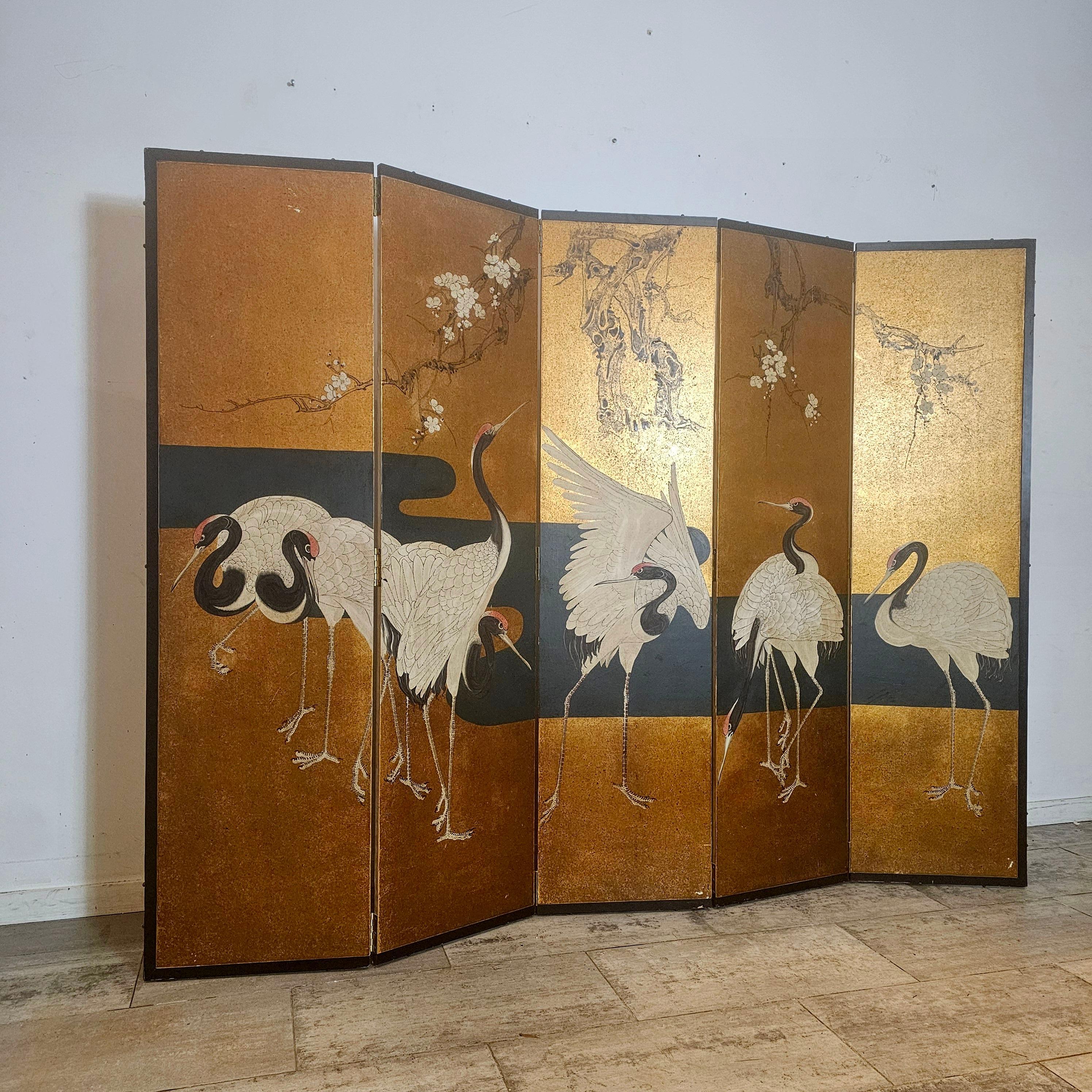  Hand Painted, 5 Panel Folding Screen with Crane Birds, Room Divider