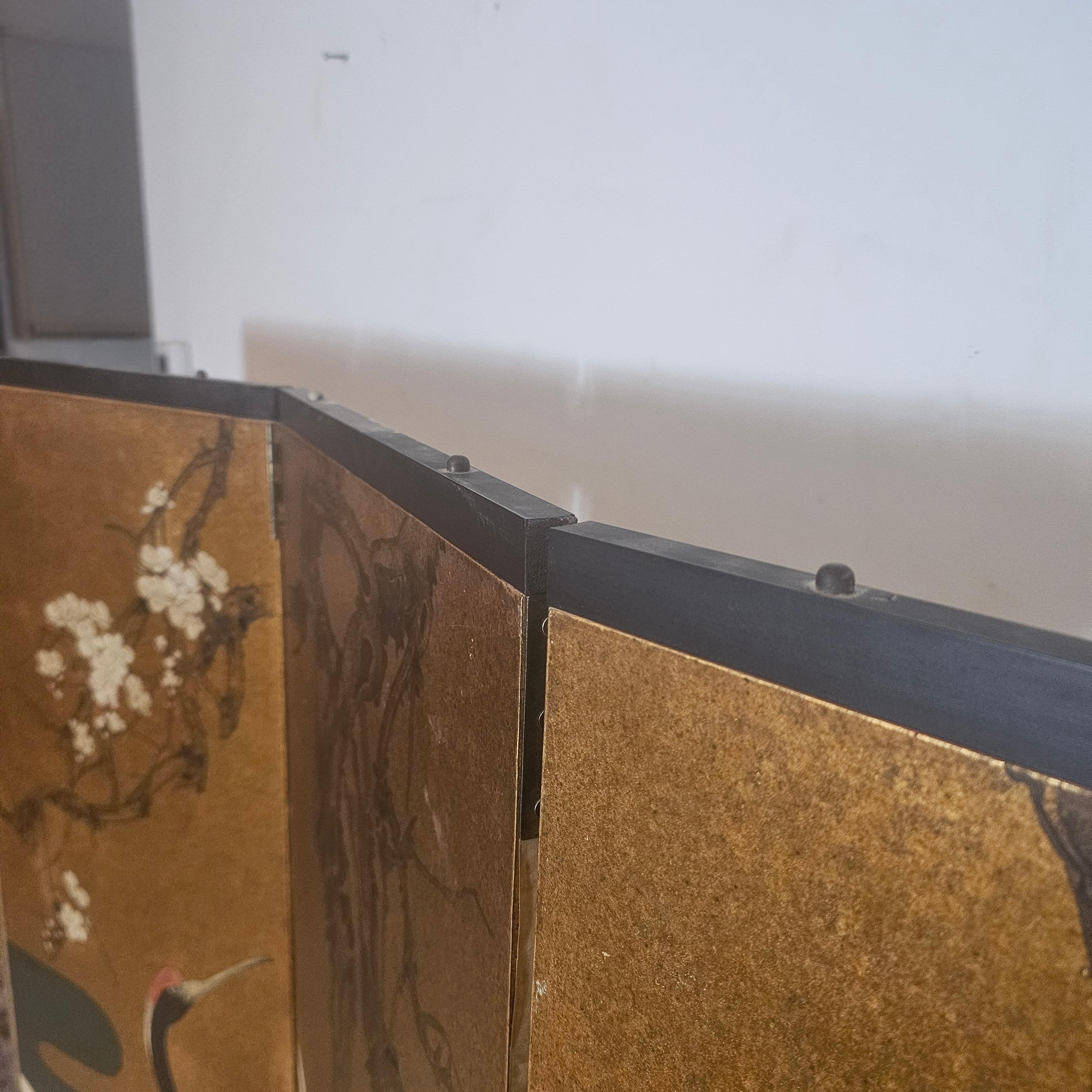 Japonisme Hand Painted, 5 Panel Folding Screen with Crane Birds, Room Divider