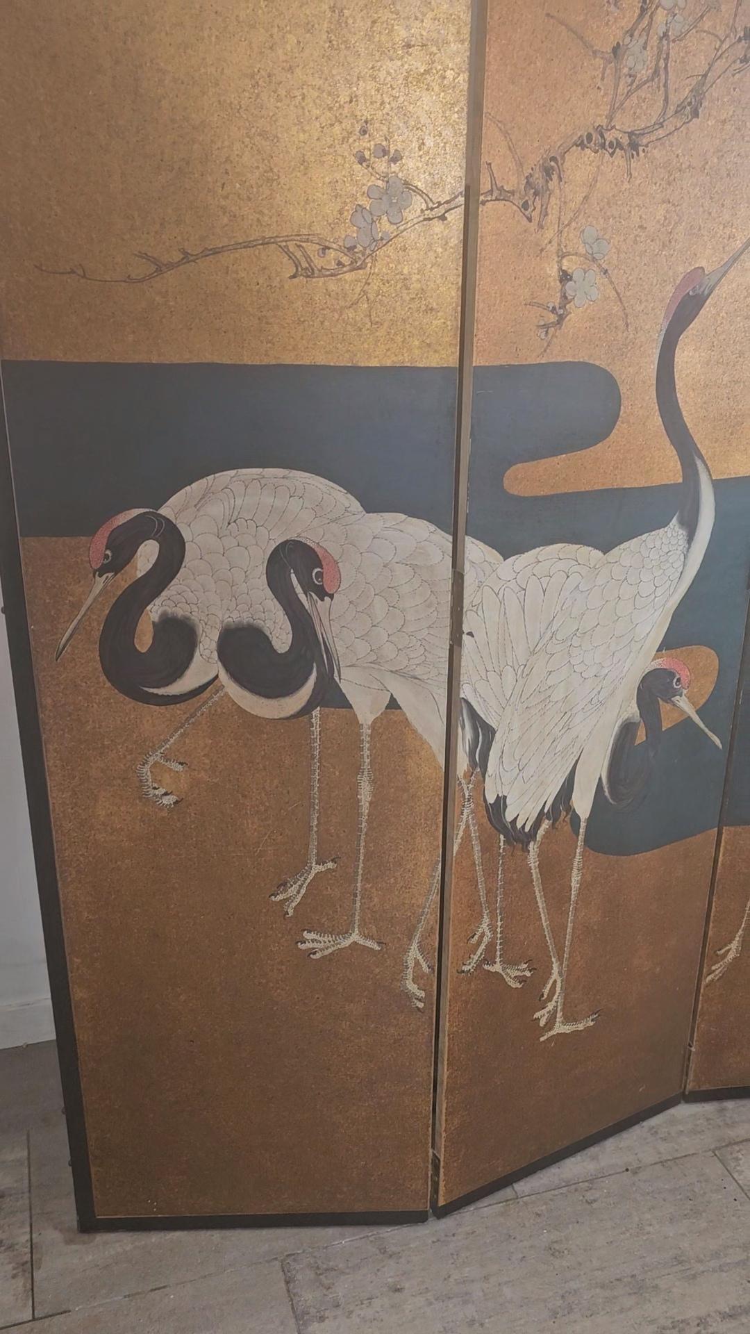 Japanese Hand Painted, 5 Panel Folding Screen with Crane Birds, Room Divider