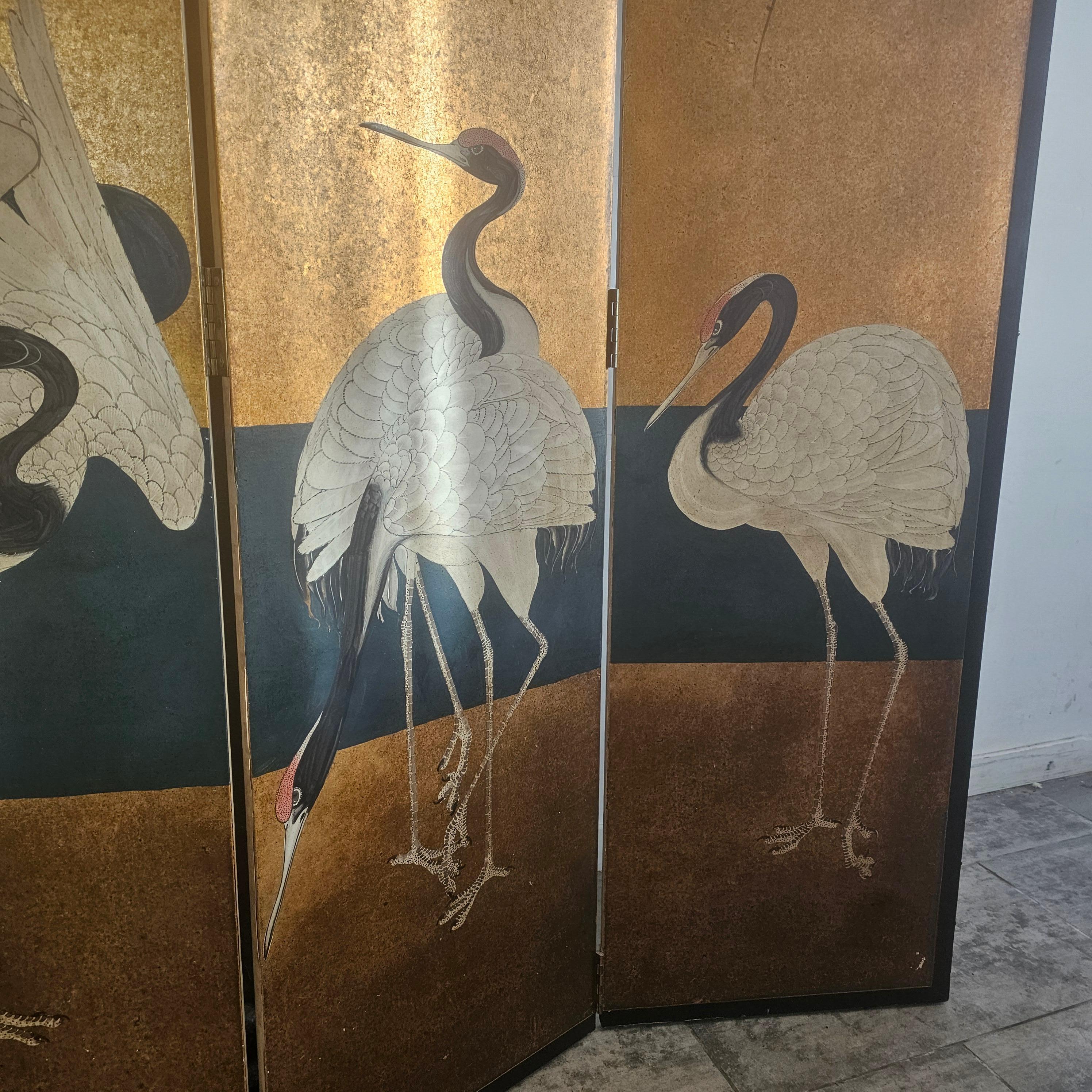 Late 20th Century Hand Painted, 5 Panel Folding Screen with Crane Birds, Room Divider