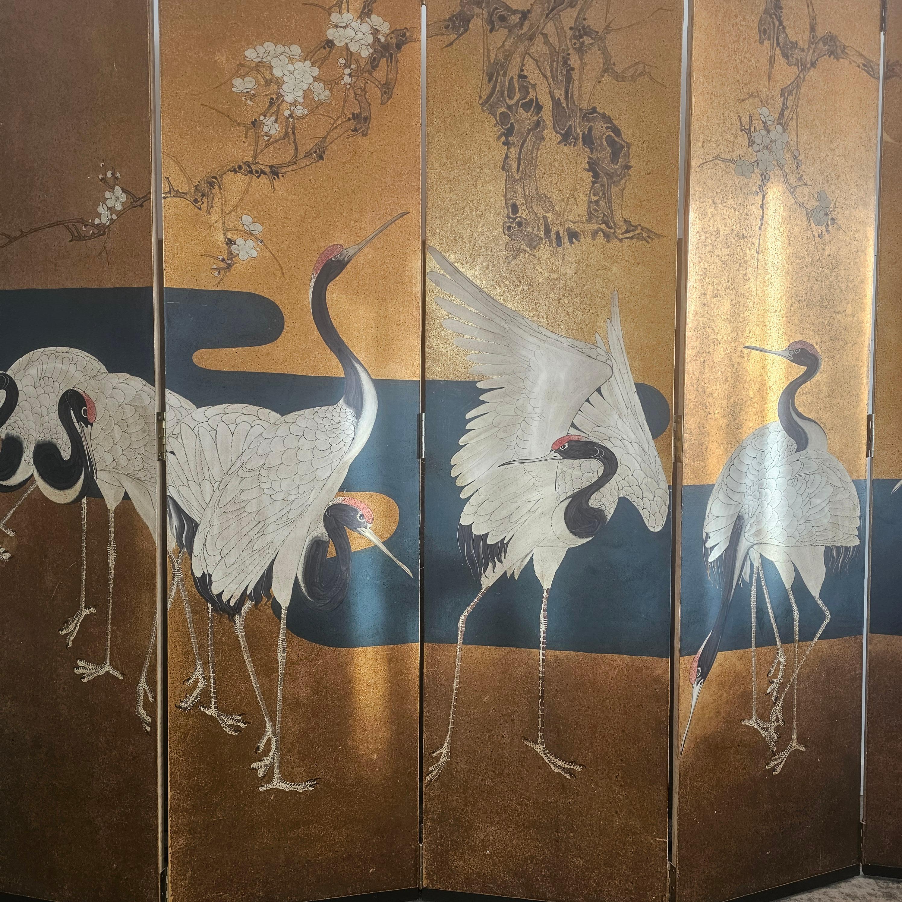 Gold Leaf Hand Painted, 5 Panel Folding Screen with Crane Birds, Room Divider