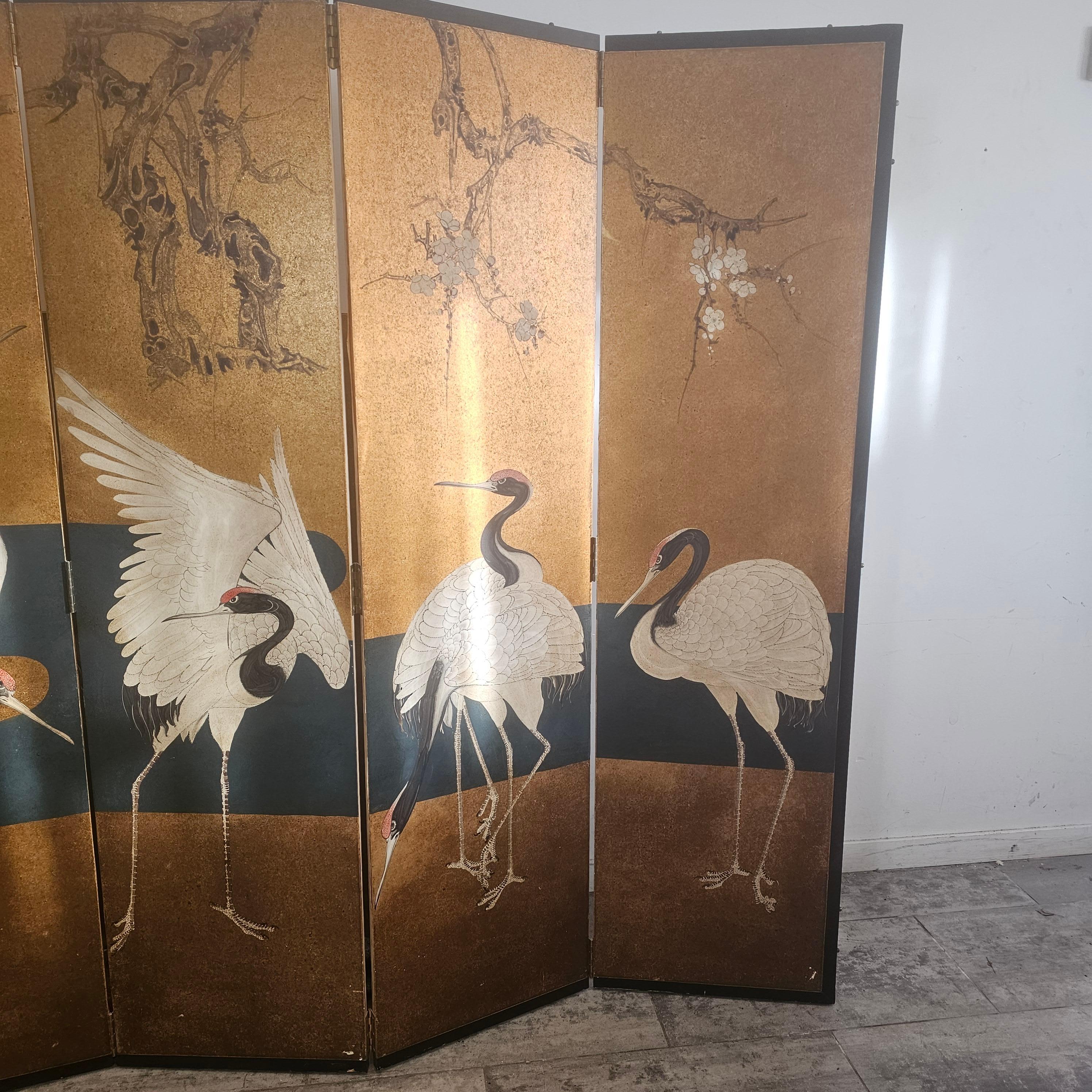 Hand Painted, 5 Panel Folding Screen with Crane Birds, Room Divider 1