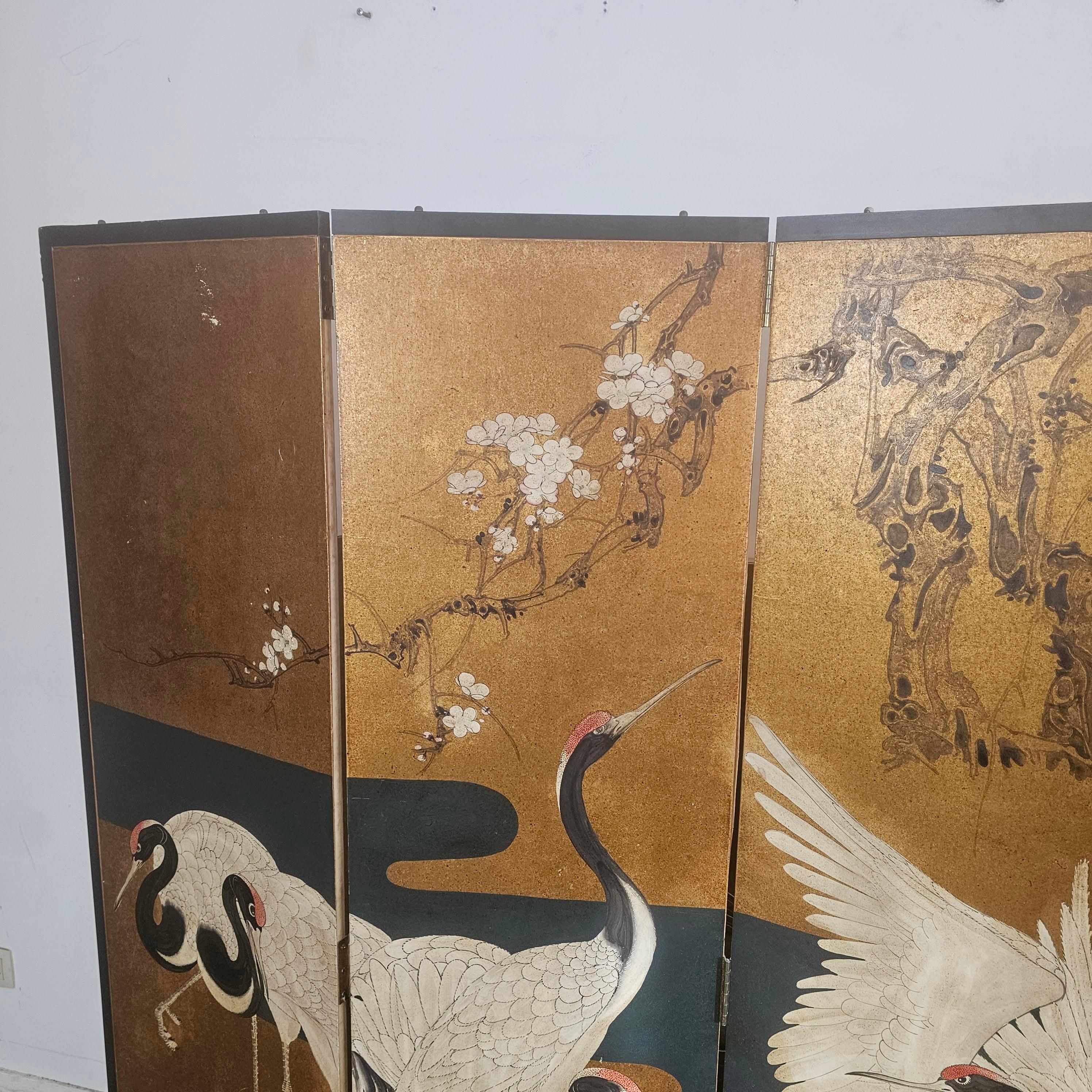 Hand Painted, 5 Panel Folding Screen with Crane Birds, Room Divider 2