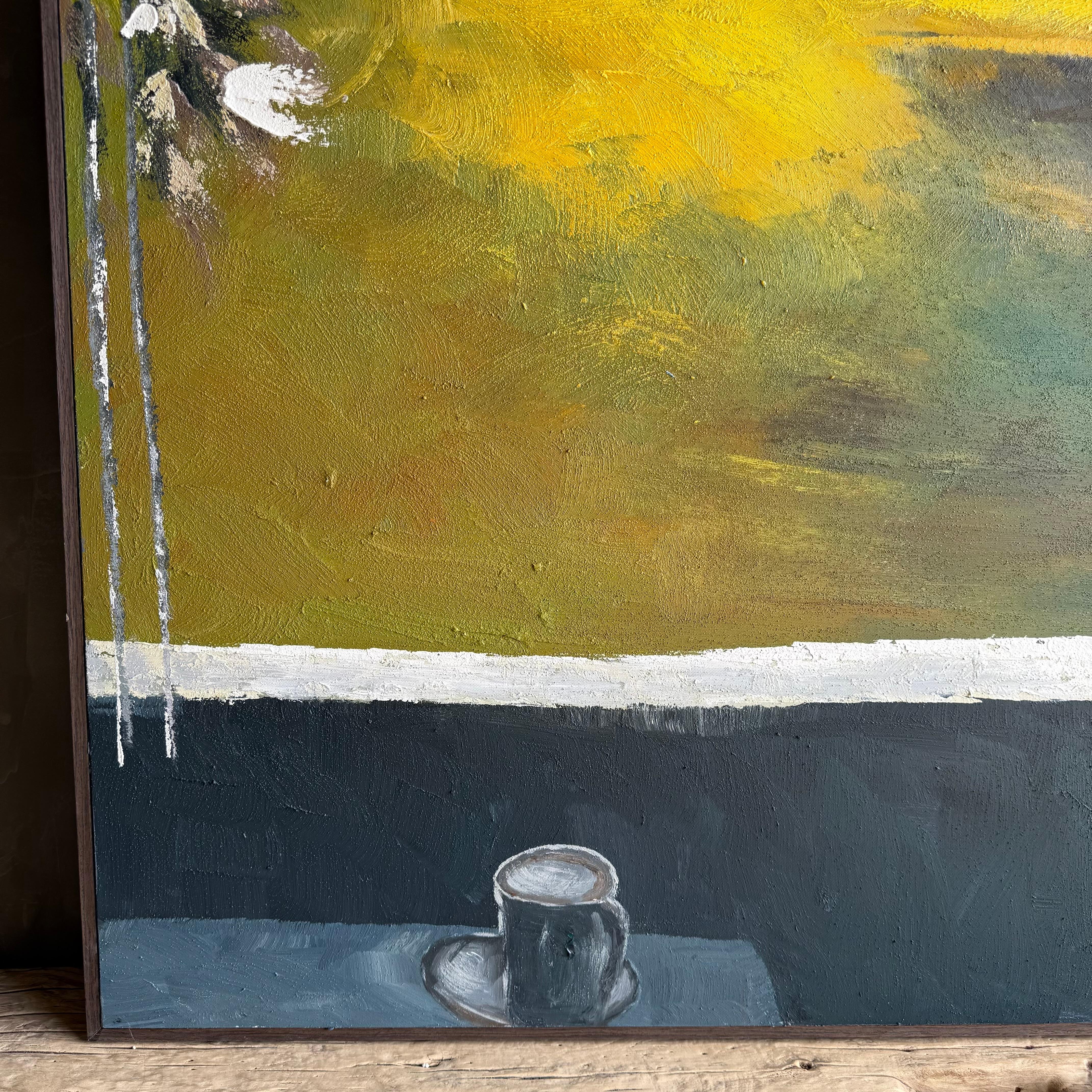 Acrylique sur toile peinte à la main Vue de l'océan depuis la fenêtre d'un café Neuf - En vente à Old Town Orange, CA