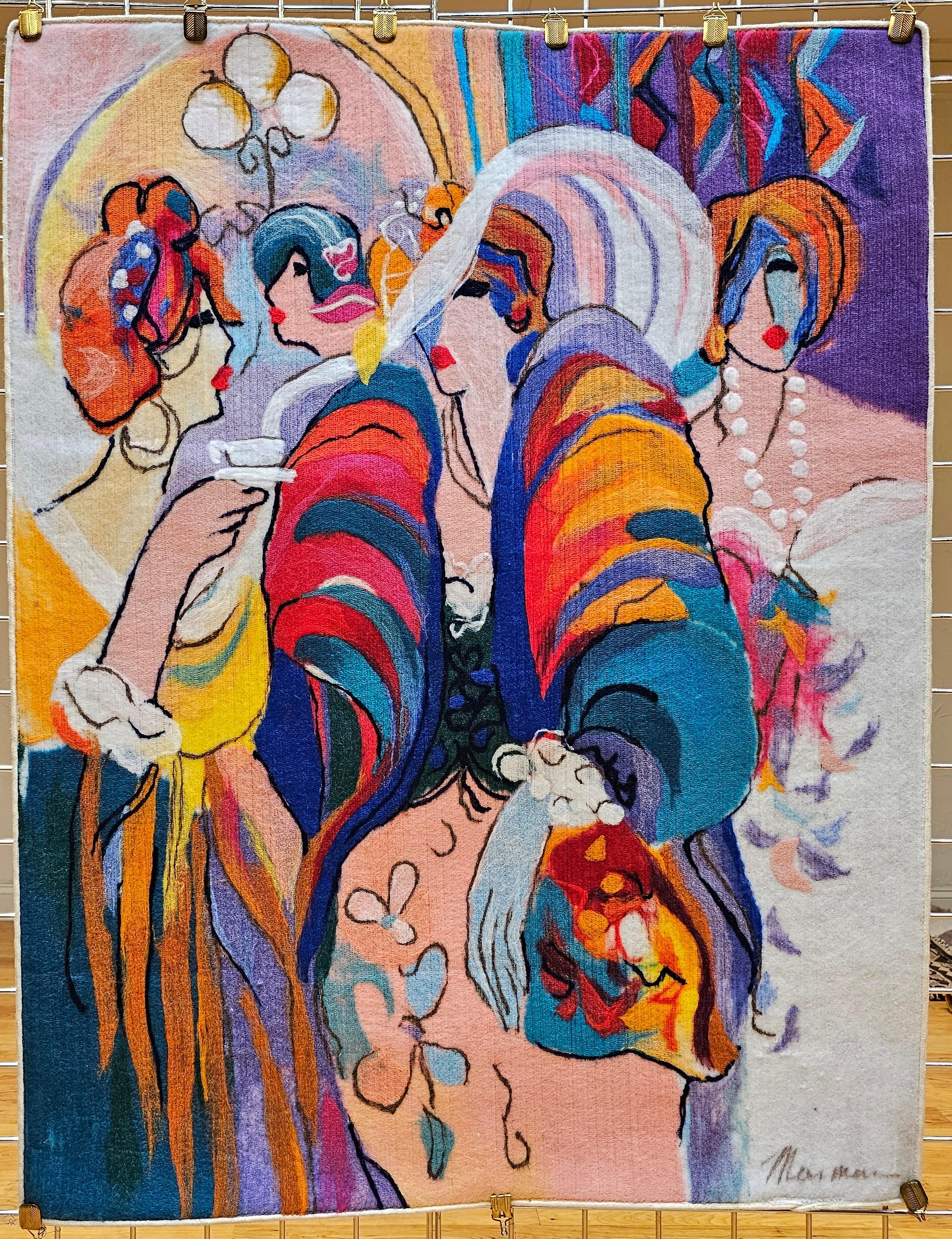 Wunderschöne und farbenfrohe handgemalte Acryl auf Stoff moderne Wandkunst des zeitgenössischen israelischen/französischen Künstlers Isaac Maimon (1951-Gegenwart), die Frauen in verschiedenen gesellschaftlichen Zusammenkünften darstellt.   Die