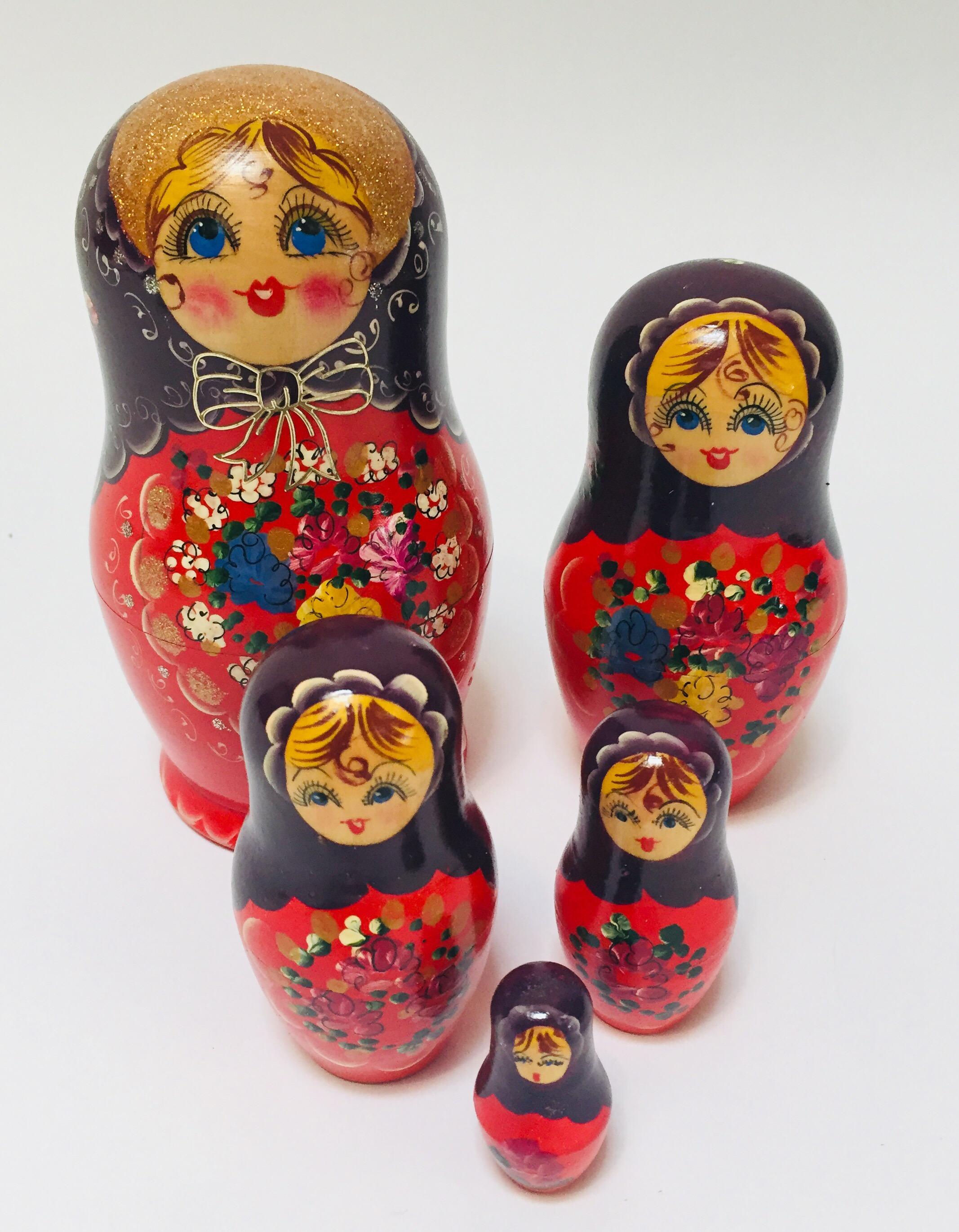 Beech Hand Painted and Carved Nesting Matryoshka Russian Dolls