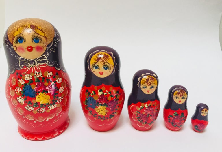 Hand Painted and Carved Nesting Matryoshka Russian Dolls at 1stDibs
