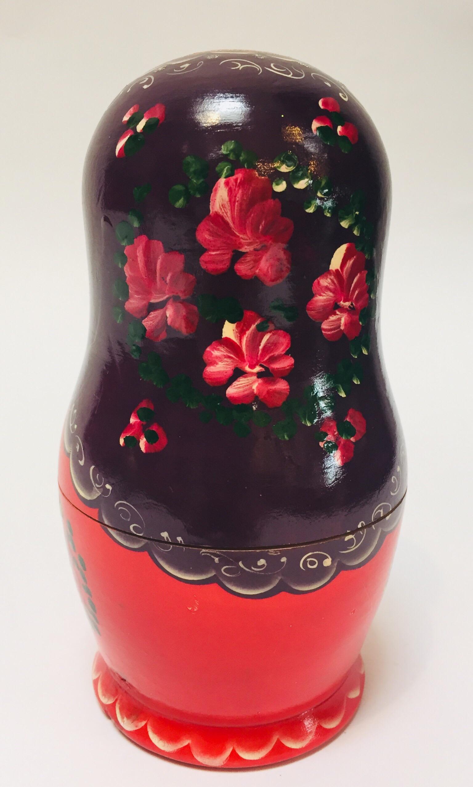 Folk Art Hand Painted and Carved Nesting Matryoshka Russian Dolls