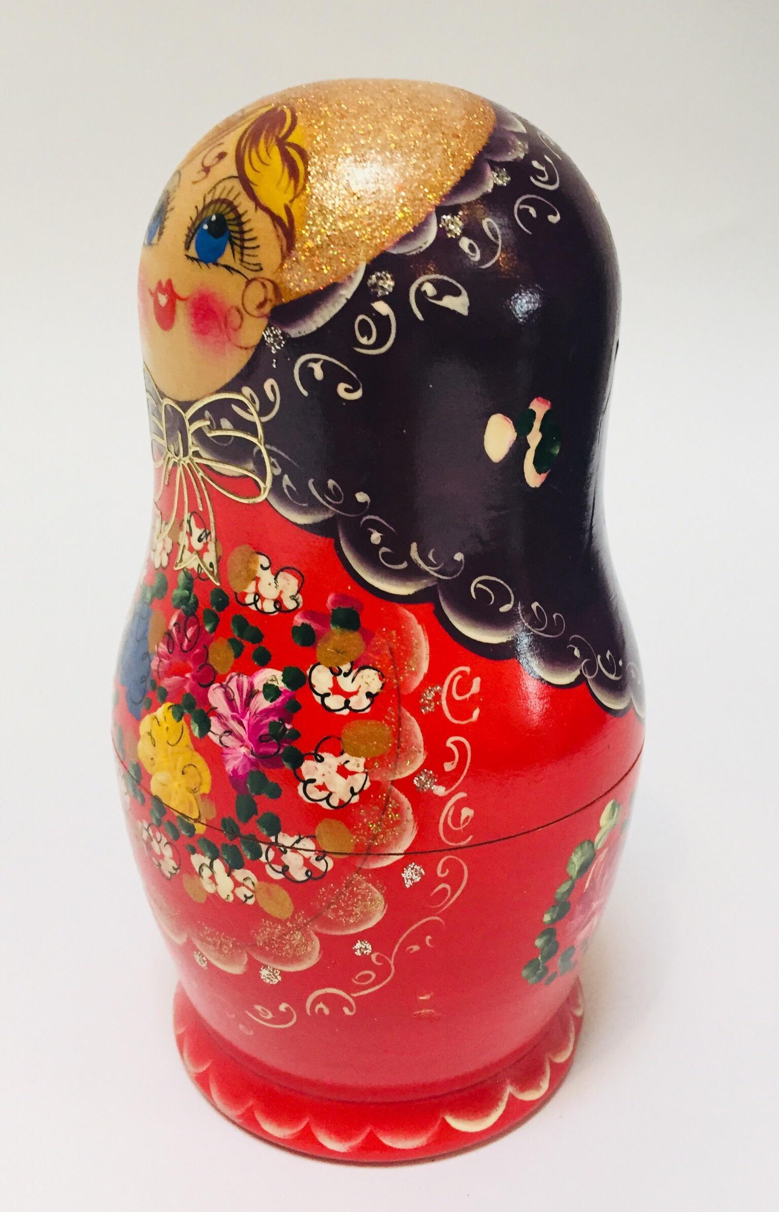 Hand-Painted Hand Painted and Carved Nesting Matryoshka Russian Dolls