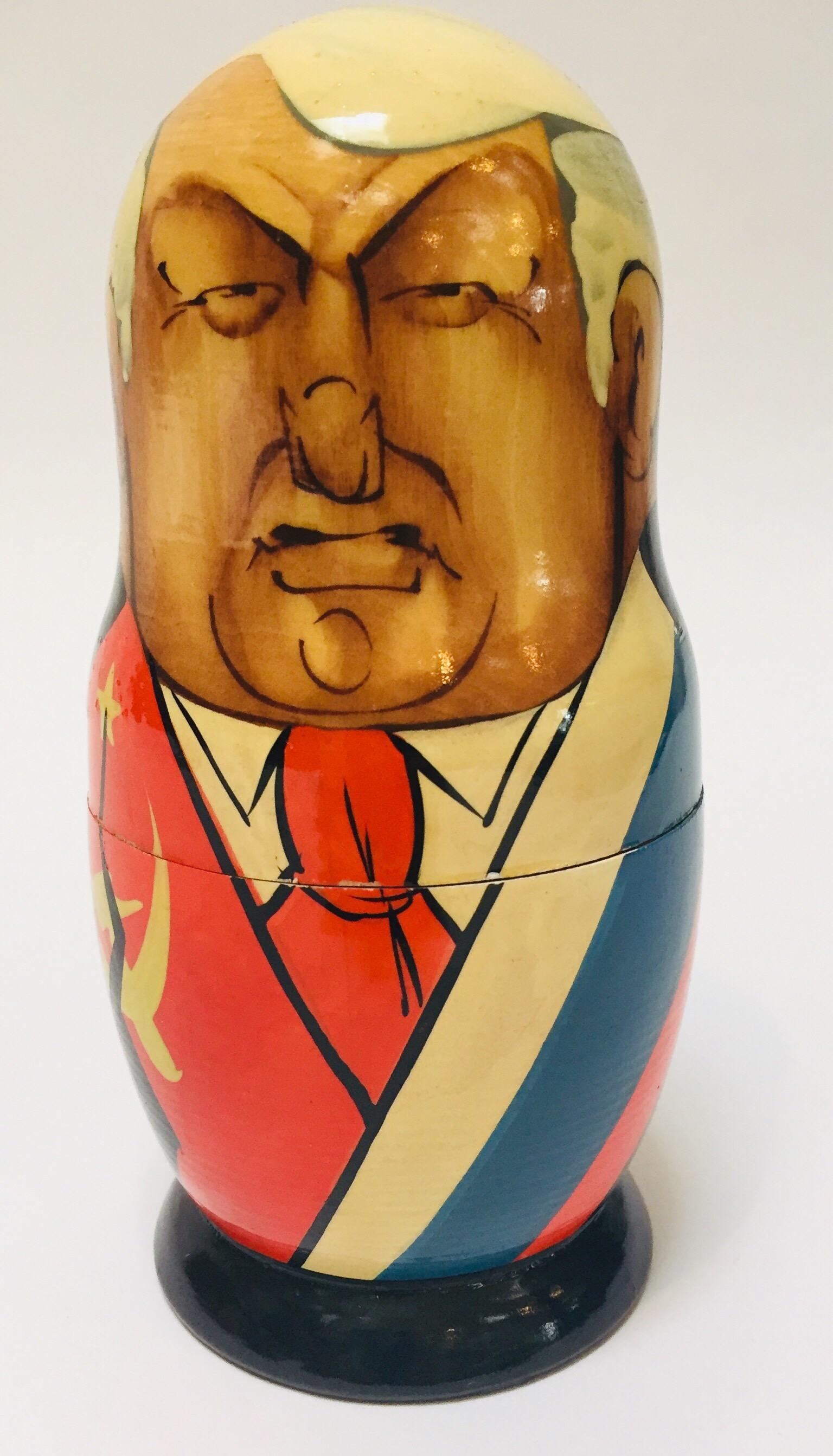 Hand Painted and Carved Nesting Matryoshka Soviet Politicians USSR, 1990s 2