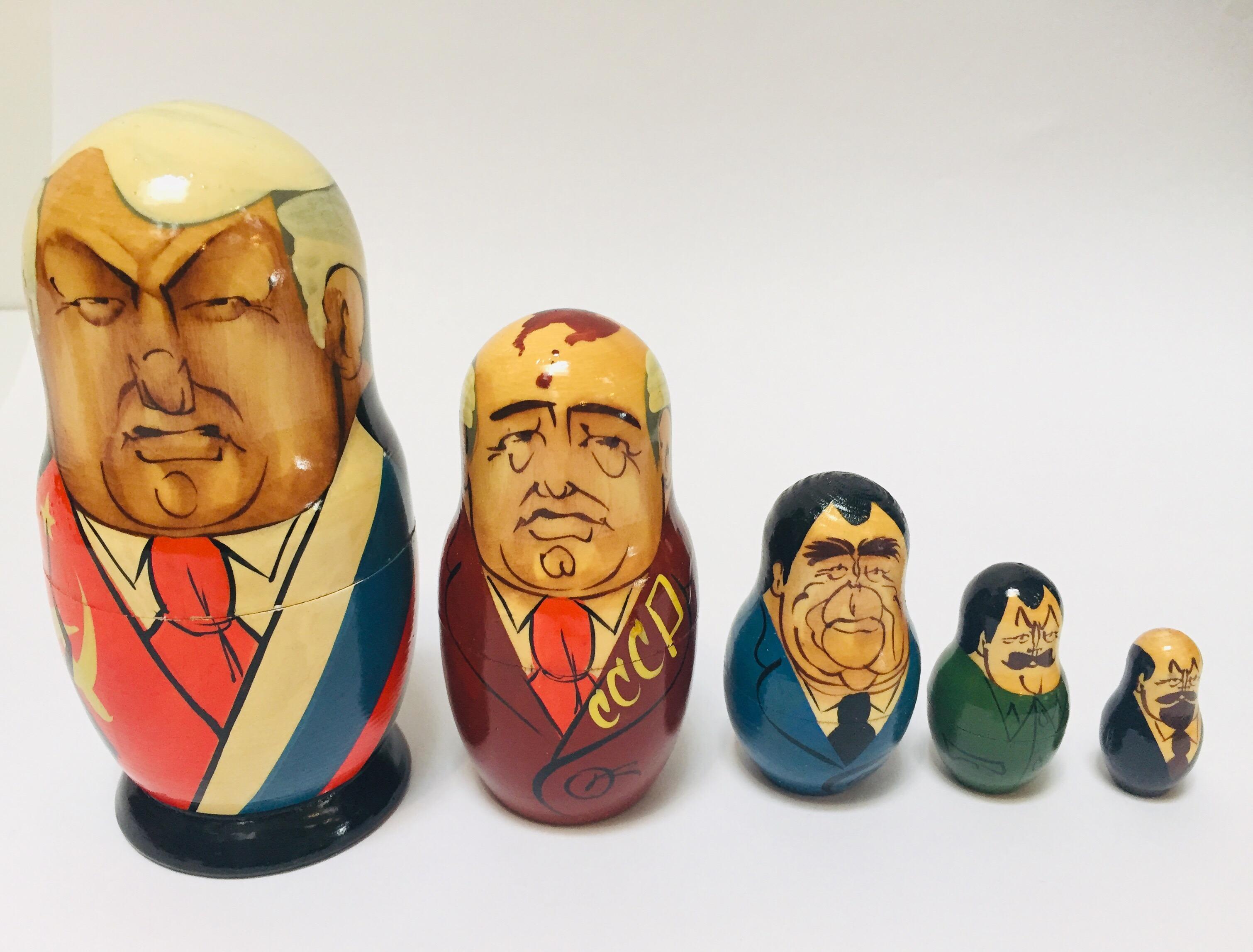 Hand Painted and Carved Nesting Matryoshka Soviet Politicians USSR, 1990s 3