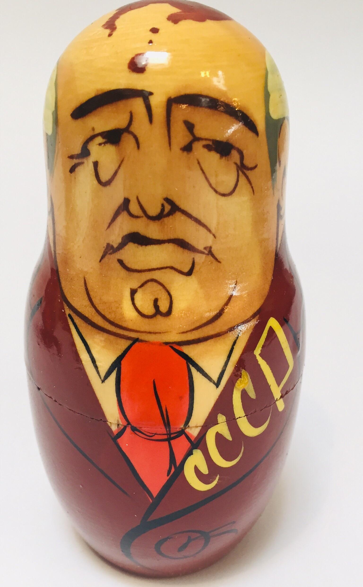 Hand Painted and Carved Nesting Matryoshka Soviet Politicians USSR, 1990s 4