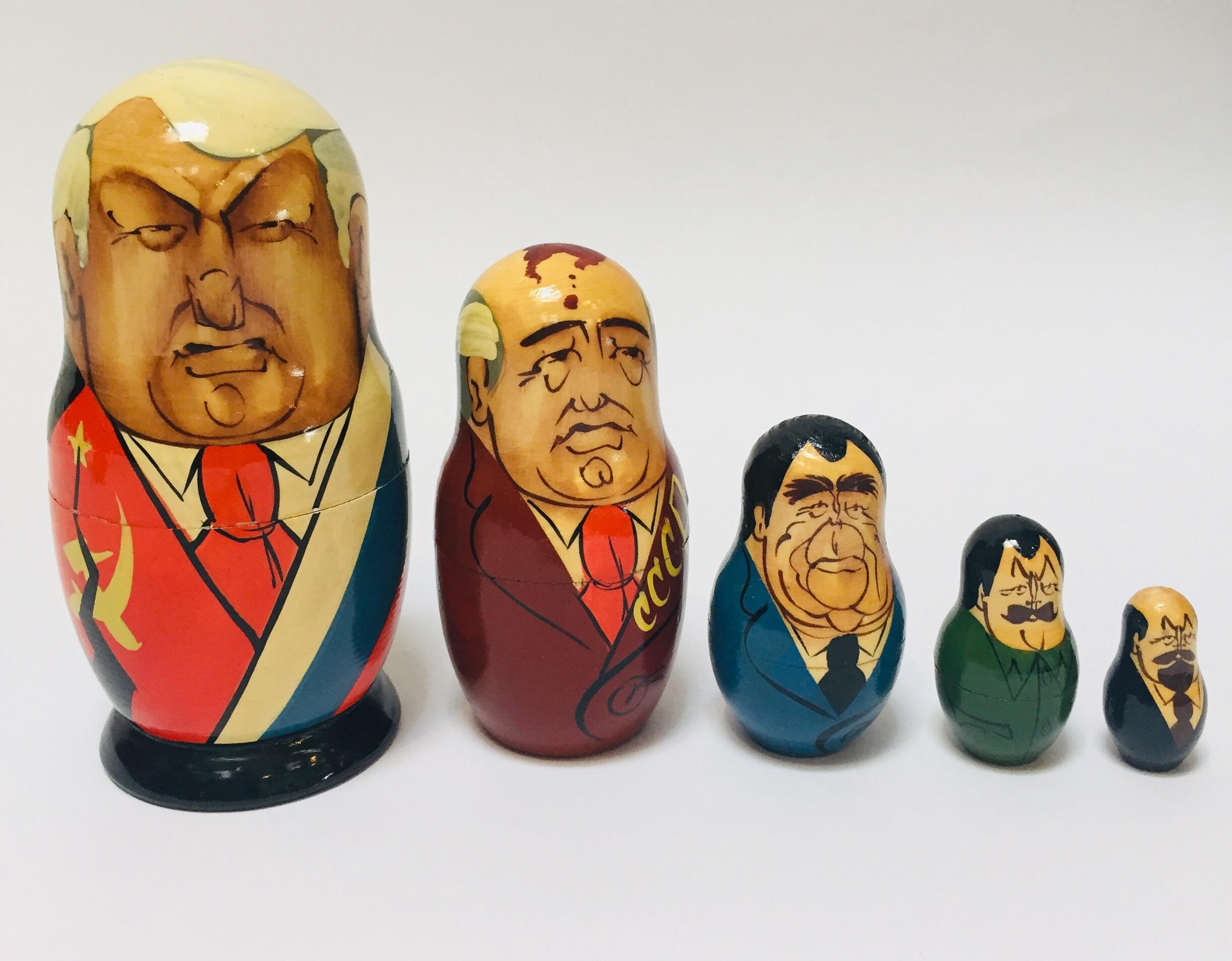 Matryoshka of soviet politicians, soviet era, USSR, circa 1990s.
Vintage hand painted Matryoshka from the end of soviet Eera in USSR. This Matryoshka doll is made of beech wood with hand painted politician figures of the Soviet era. The biggest is