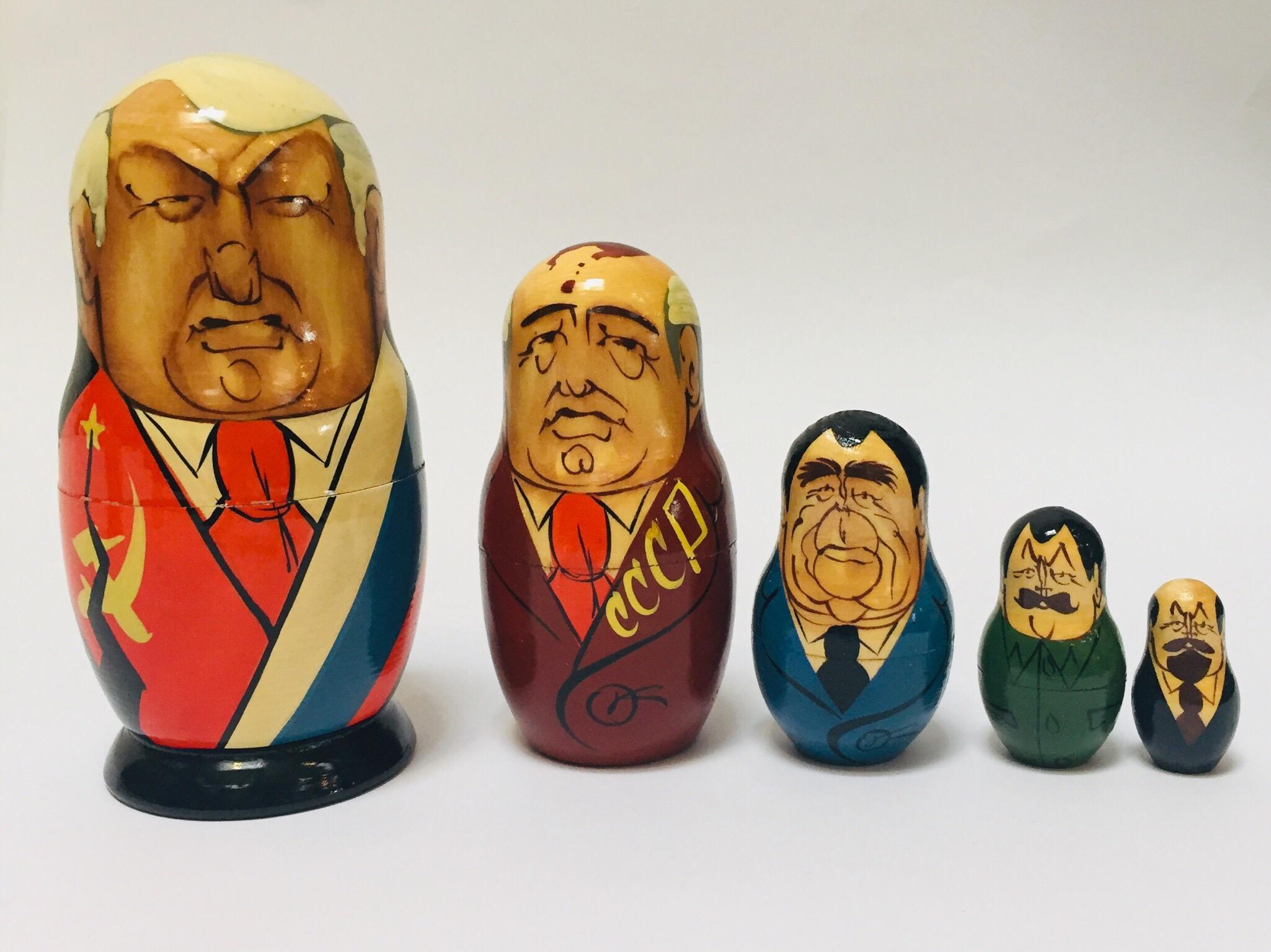 Folk Art Hand Painted and Carved Nesting Matryoshka Soviet Politicians USSR, 1990s