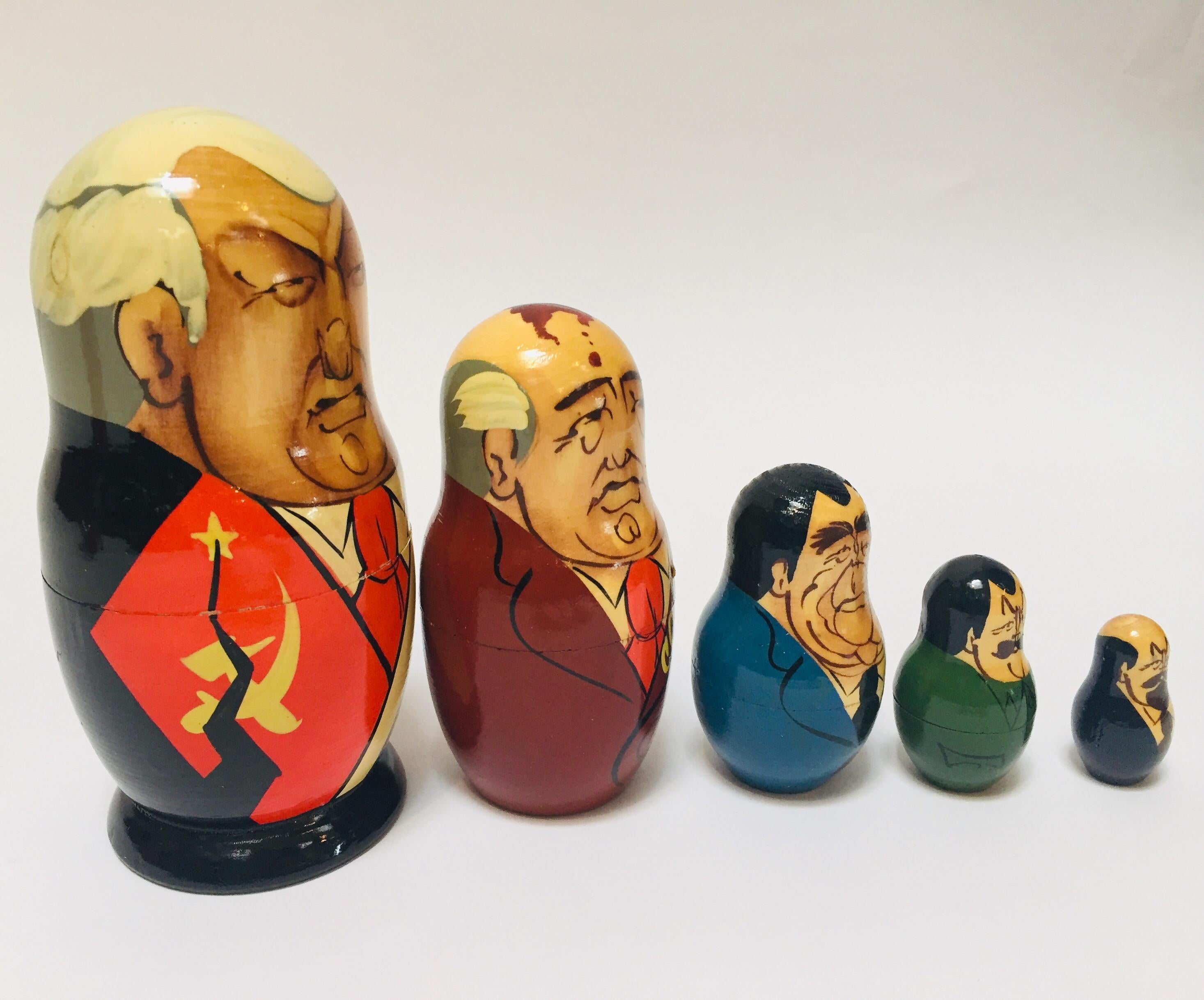 Hand-Crafted Hand Painted and Carved Nesting Matryoshka Soviet Politicians USSR, 1990s