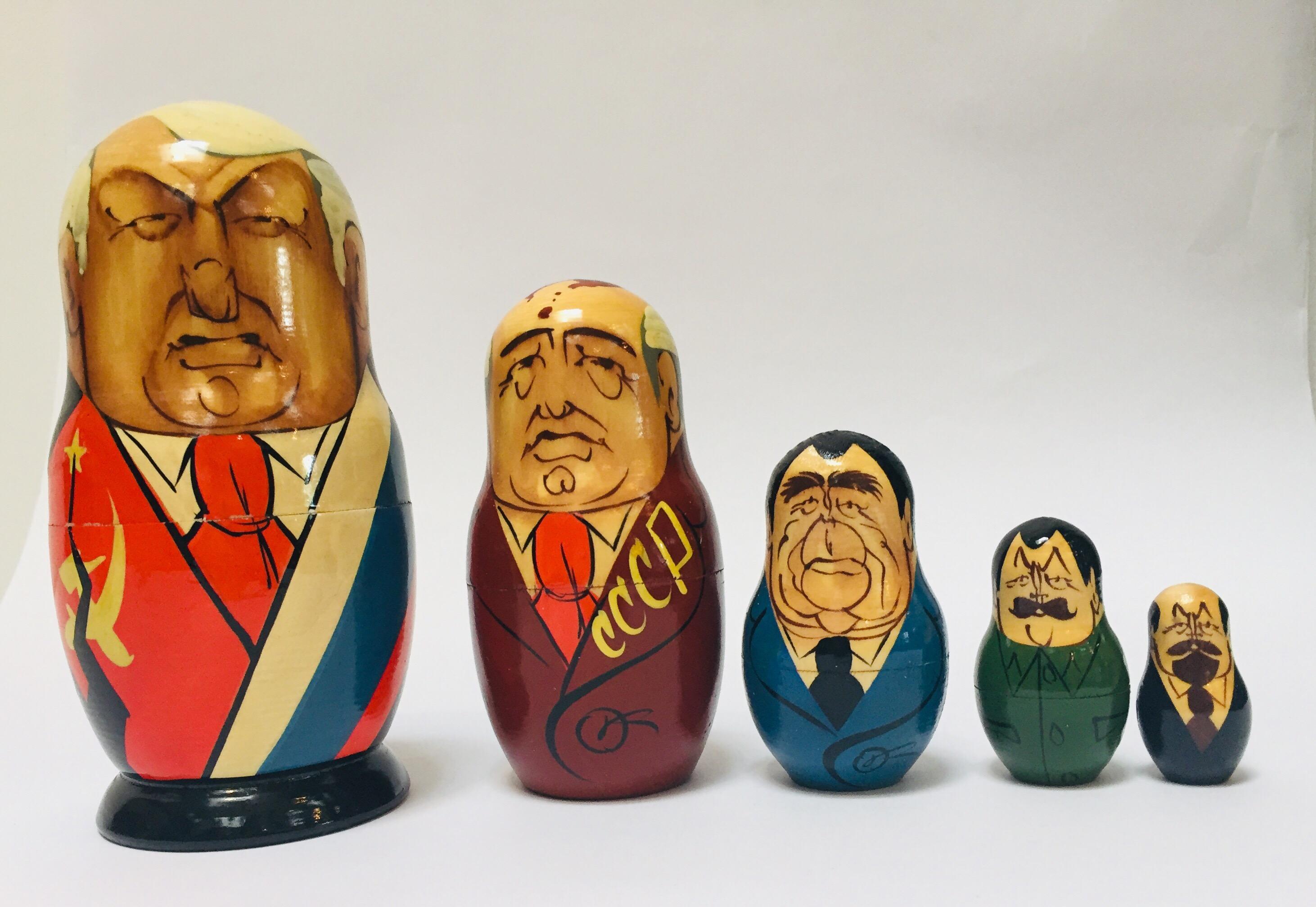 Hand Painted and Carved Nesting Matryoshka Soviet Politicians USSR, 1990s In Good Condition In North Hollywood, CA