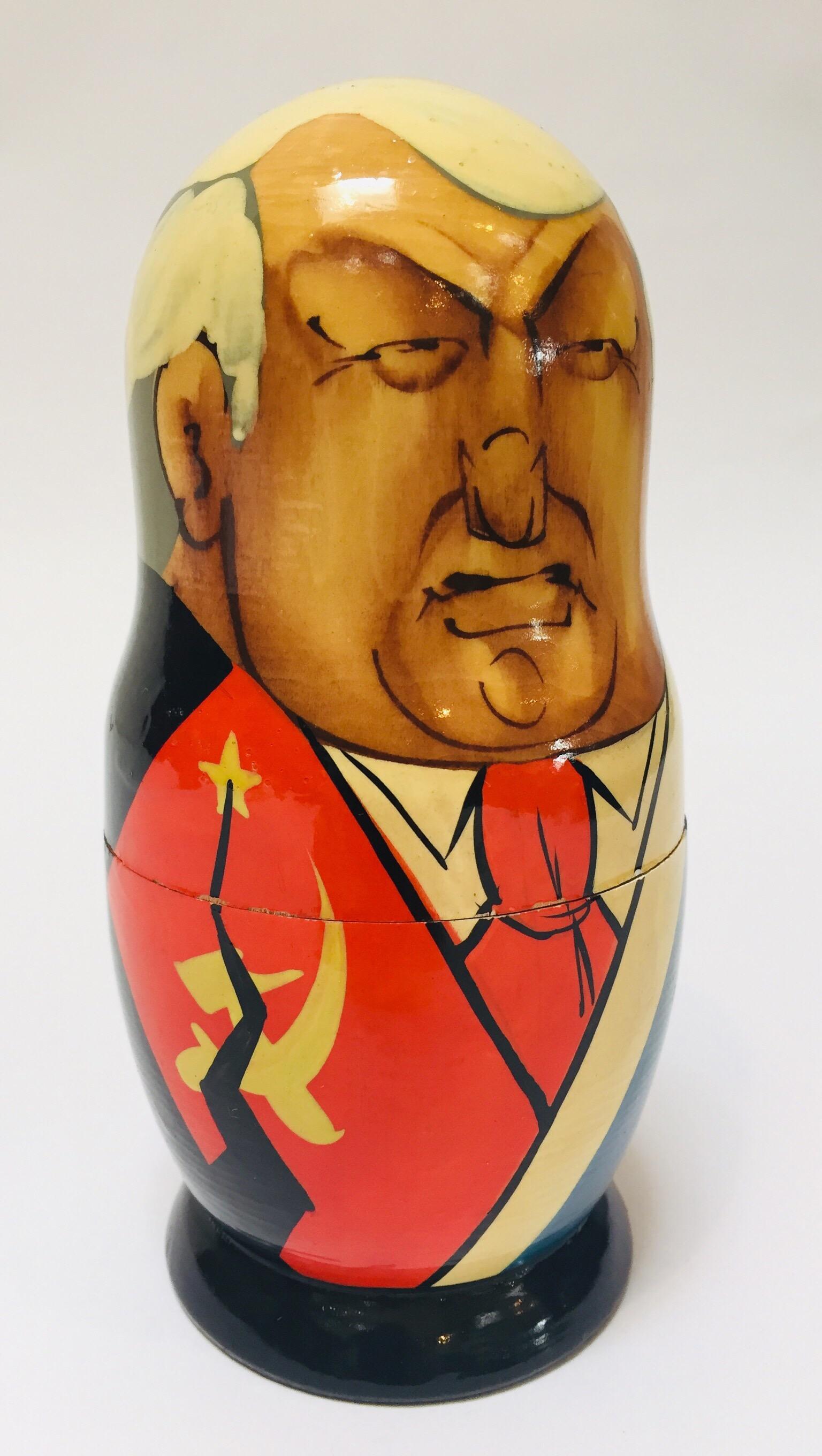 Beech Hand Painted and Carved Nesting Matryoshka Soviet Politicians USSR, 1990s