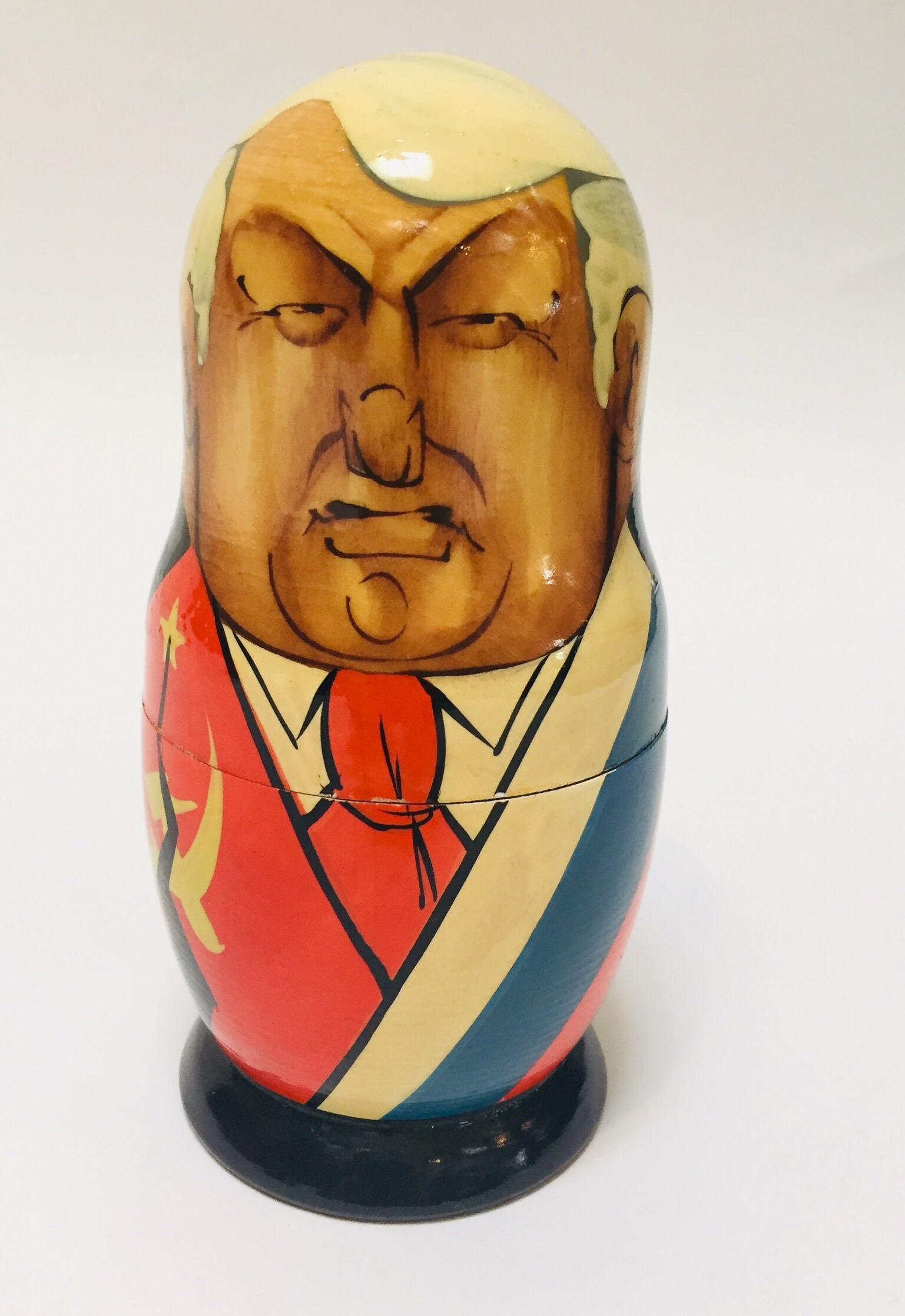 Hand Painted and Carved Nesting Matryoshka Soviet Politicians USSR, 1990s 1