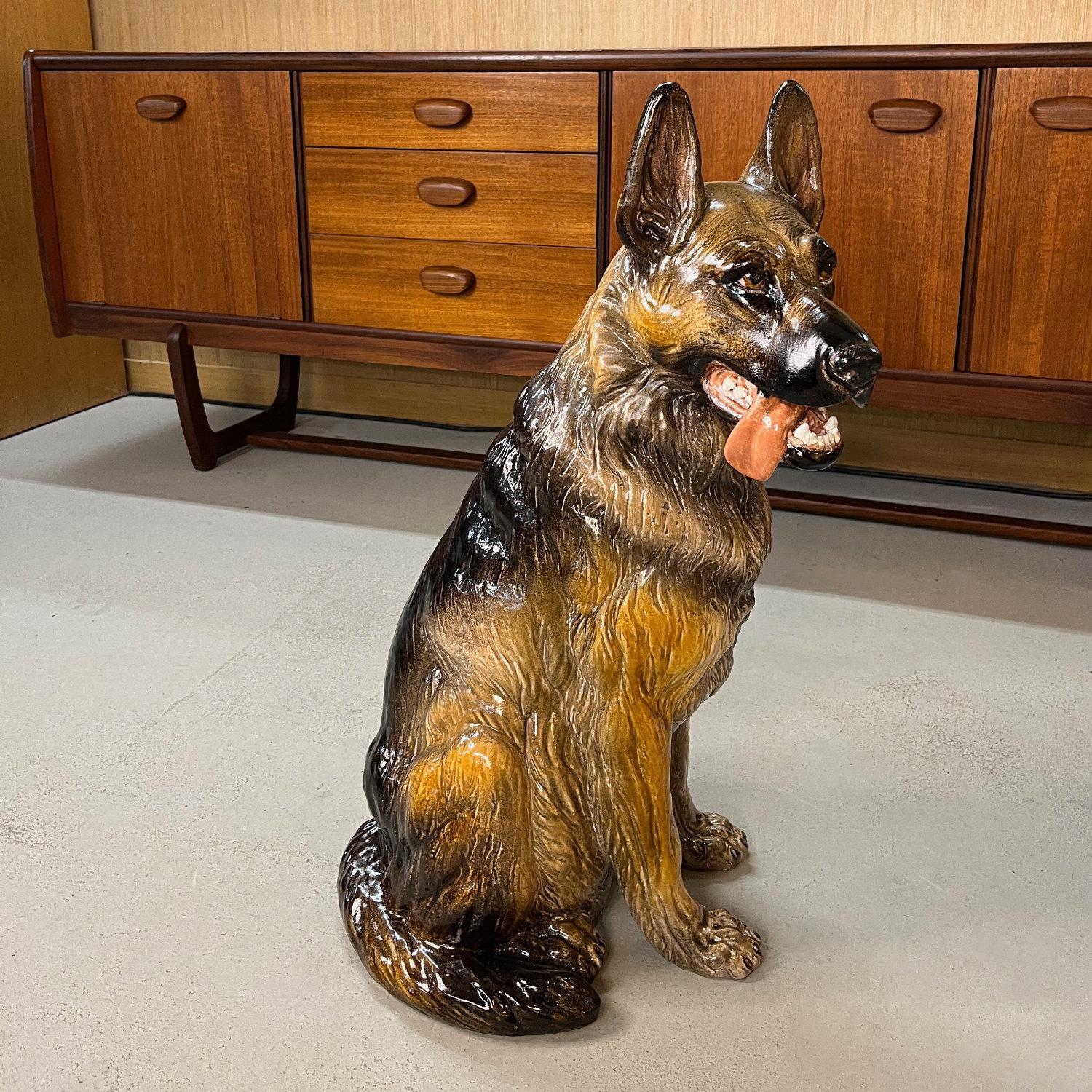 Hand Painted and Glazed Italian Terracotta German Shepherd Sculpture For Sale 6