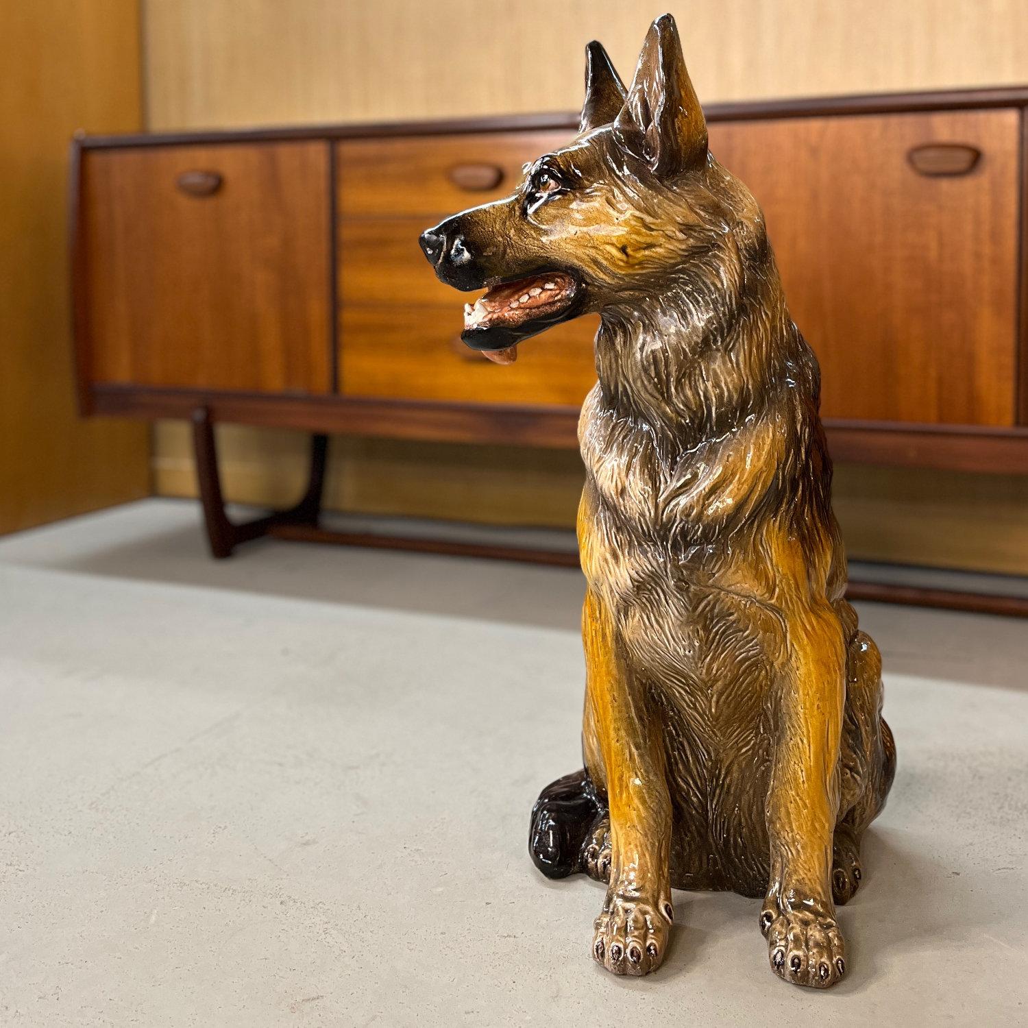 20th Century Hand Painted and Glazed Italian Terracotta German Shepherd Sculpture For Sale
