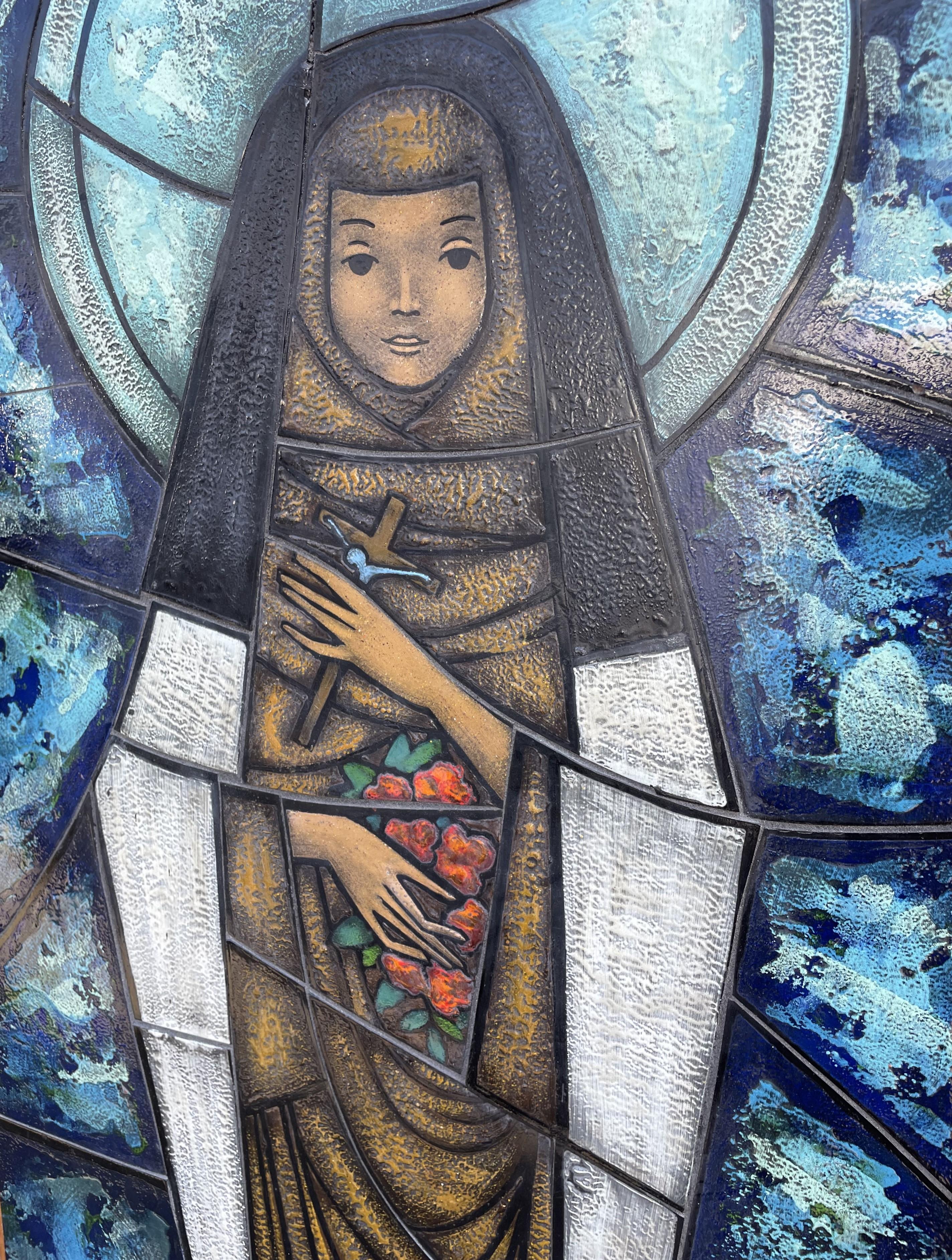 Hand Painted and Great Colors Midcentury Glass Mosaic Picture of Saint Theresia For Sale 3