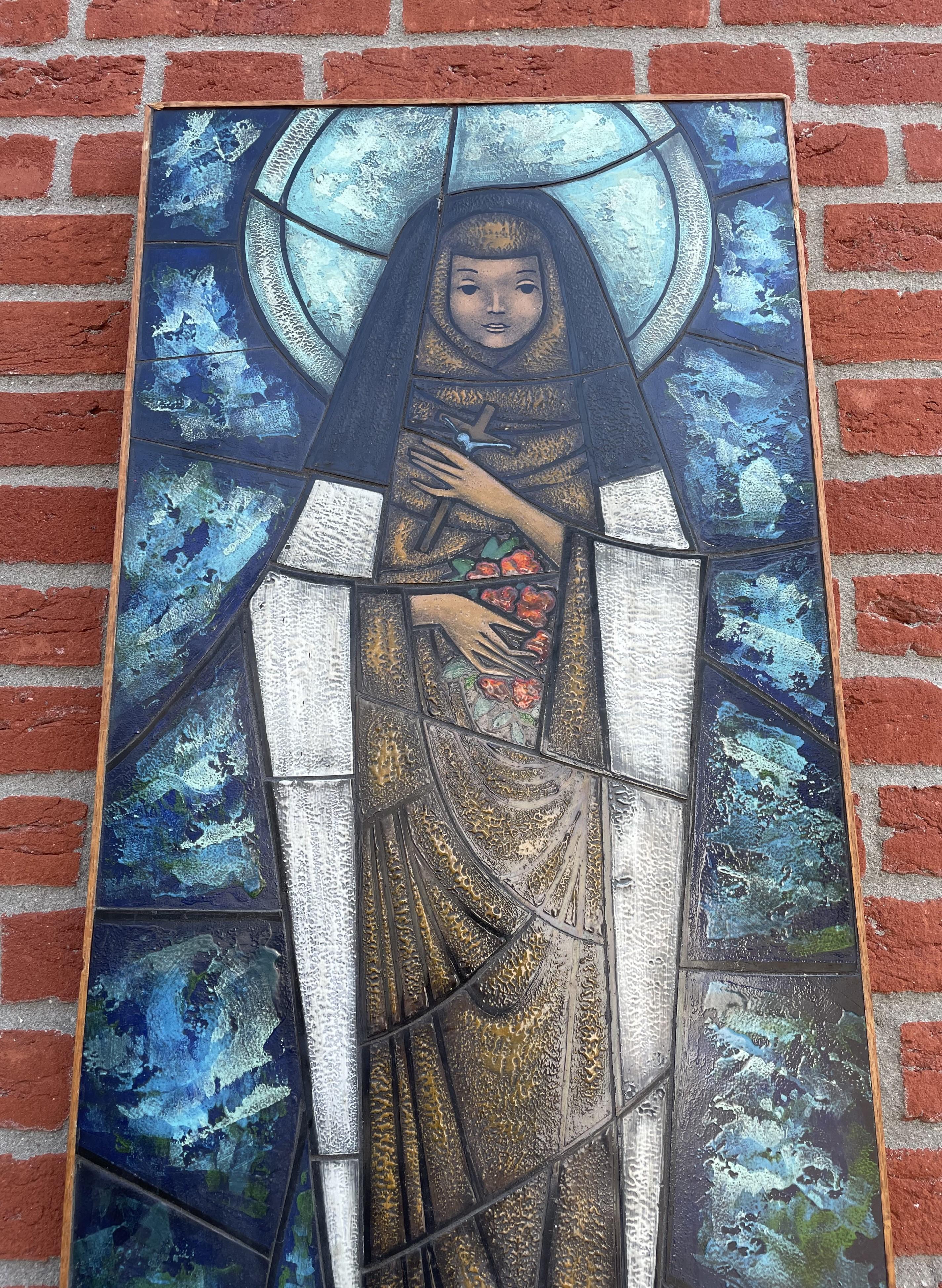 Hand Painted and Great Colors Midcentury Glass Mosaic Picture of Saint Theresia For Sale 5