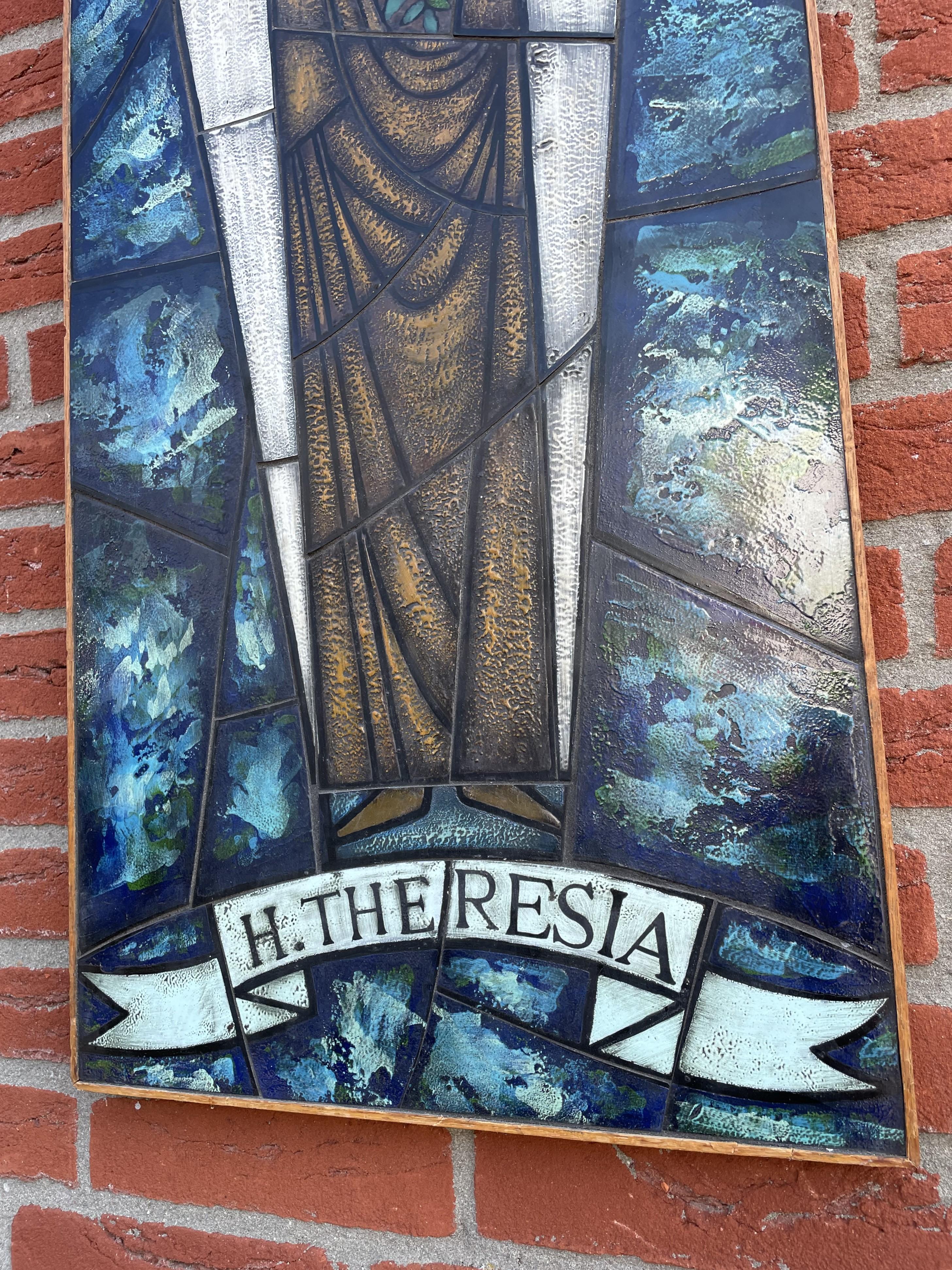 Hand Painted and Great Colors Midcentury Glass Mosaic Picture of Saint Theresia For Sale 7