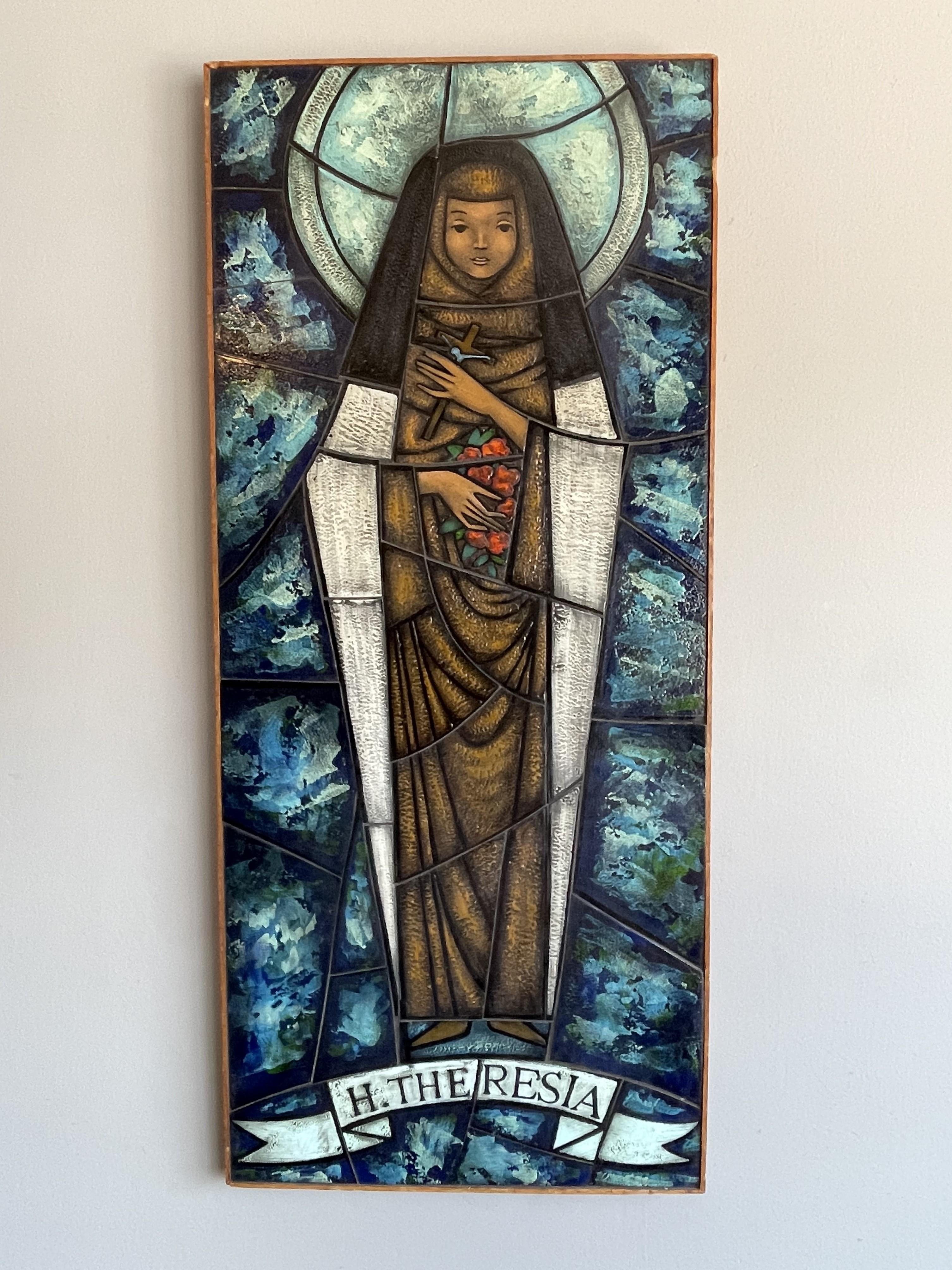 Mid-Century Modern Hand Painted and Great Colors Midcentury Glass Mosaic Picture of Saint Theresia For Sale