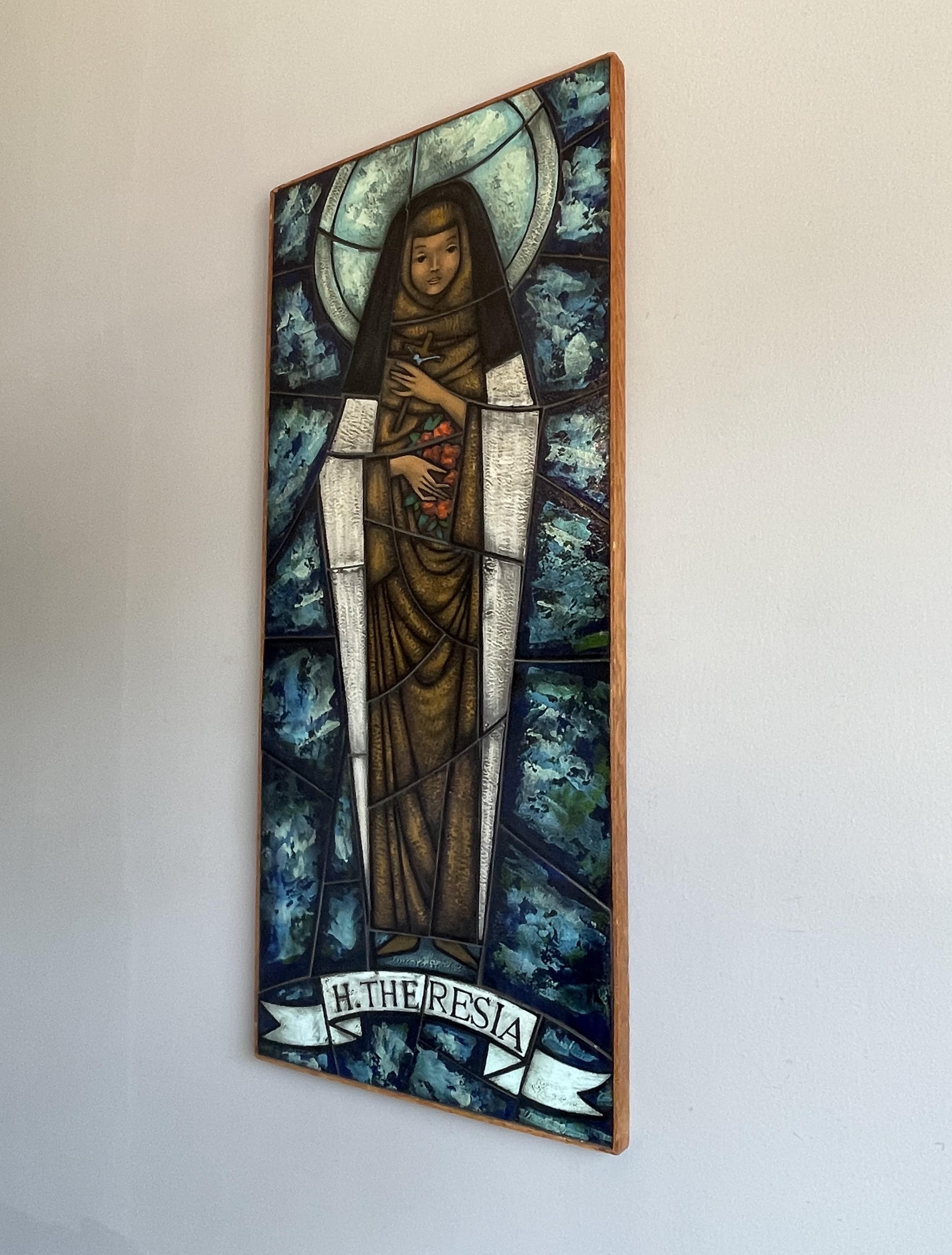 20th Century Hand Painted and Great Colors Midcentury Glass Mosaic Picture of Saint Theresia For Sale