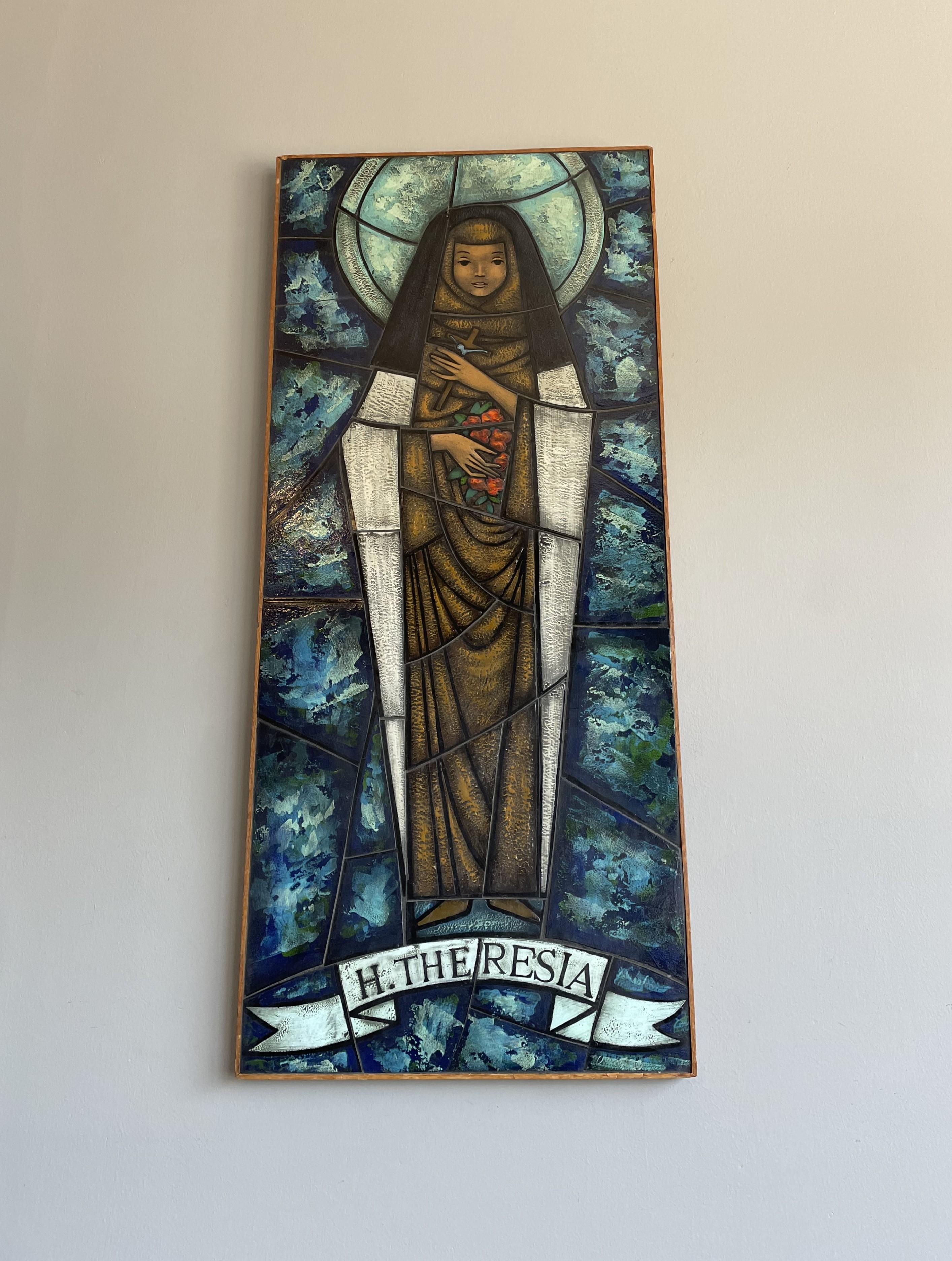 Metal Hand Painted and Great Colors Midcentury Glass Mosaic Picture of Saint Theresia For Sale