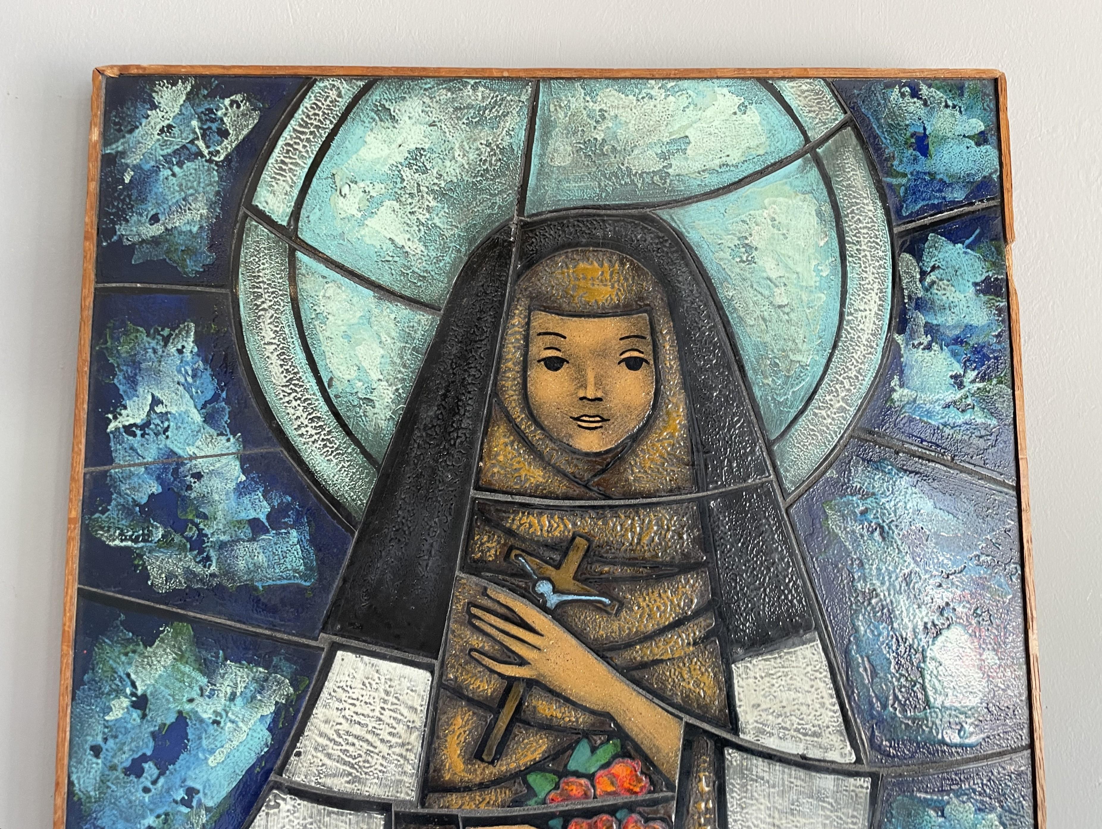 Hand Painted and Great Colors Midcentury Glass Mosaic Picture of Saint Theresia For Sale 1