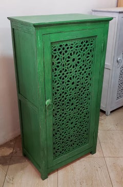 Hand Painted and Hand Carved Moroccan Cabinet, Faded Green