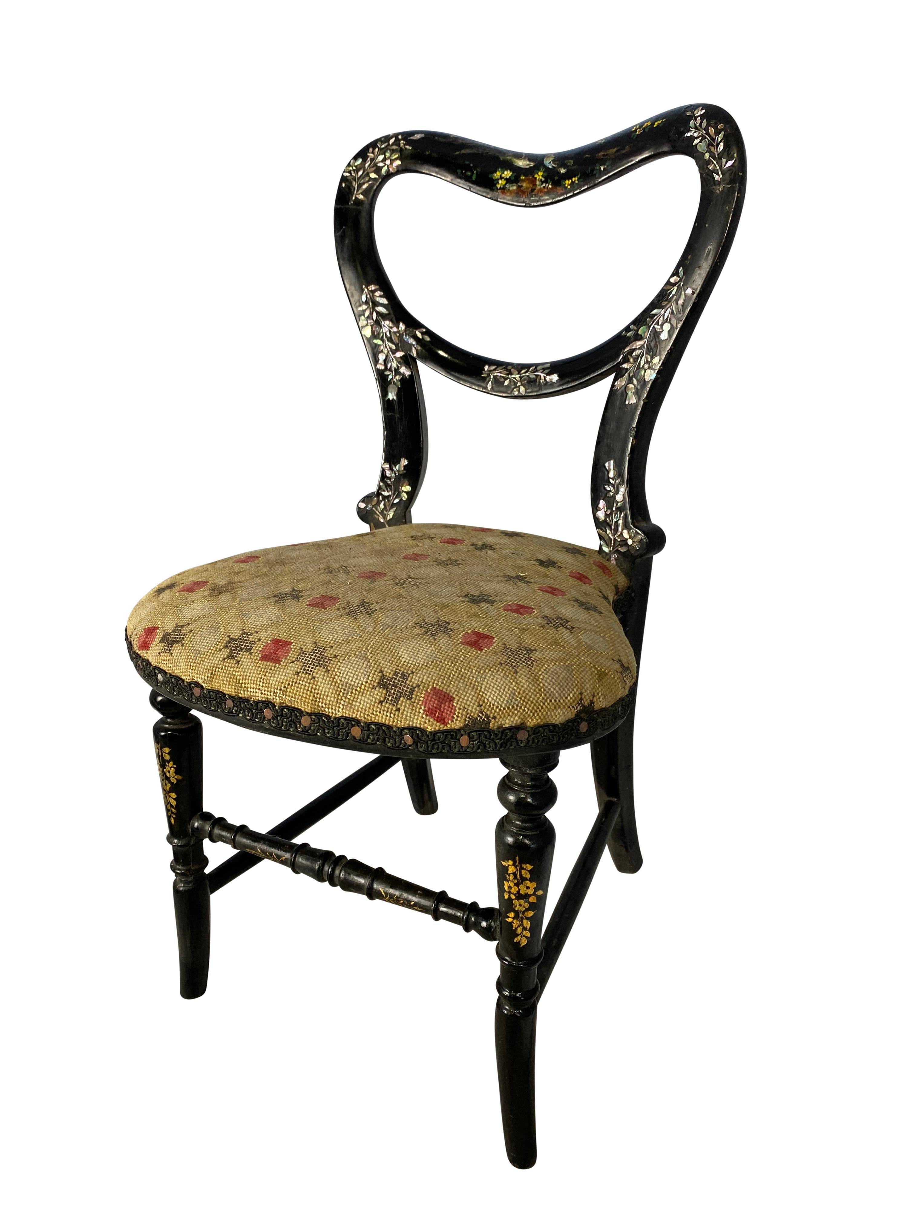 Victorian Hand Painted and Mother of Pearl Inlaid Miniature Chair, 19th Century For Sale