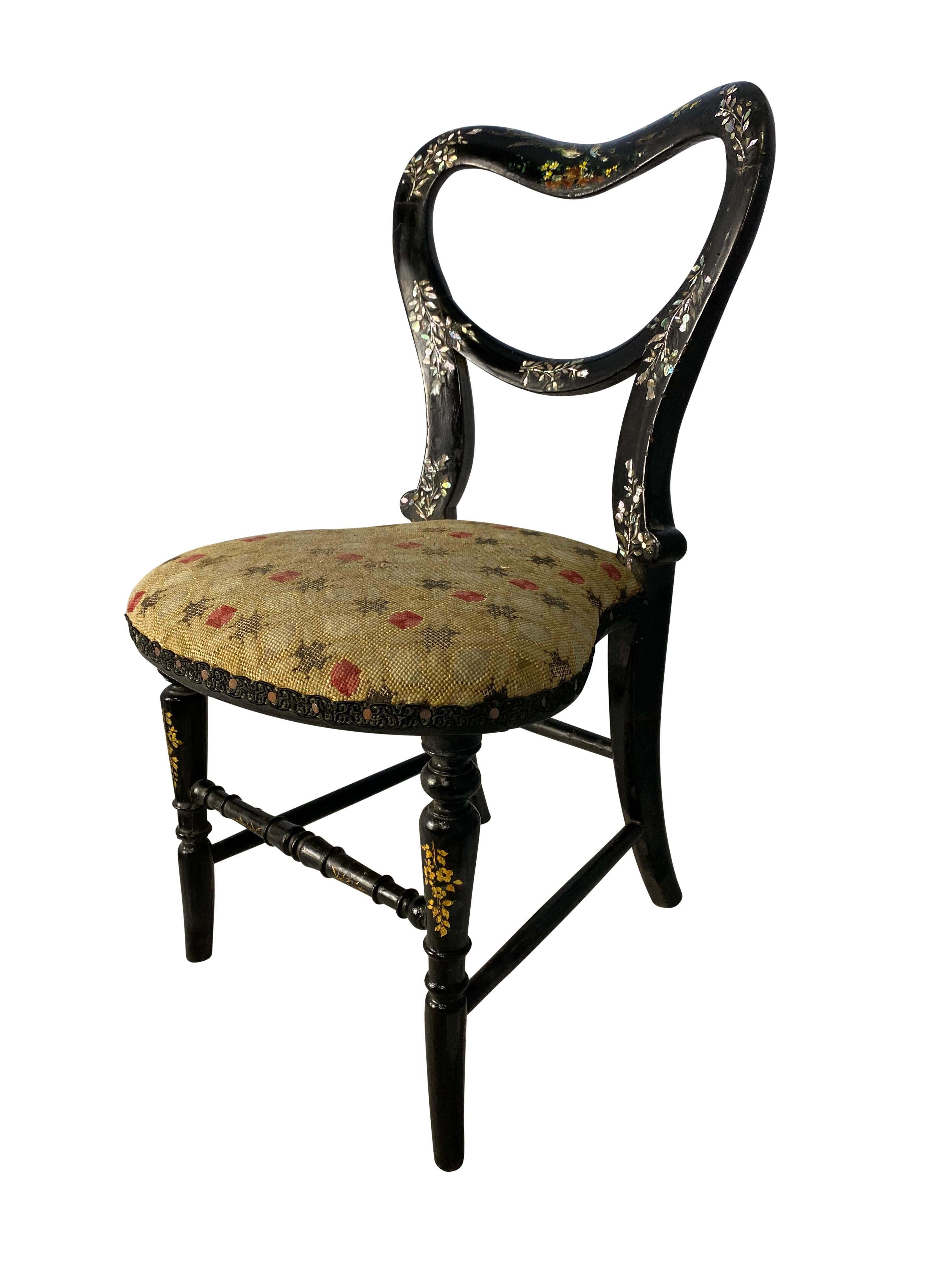 European Hand Painted and Mother of Pearl Inlaid Miniature Chair, 19th Century For Sale