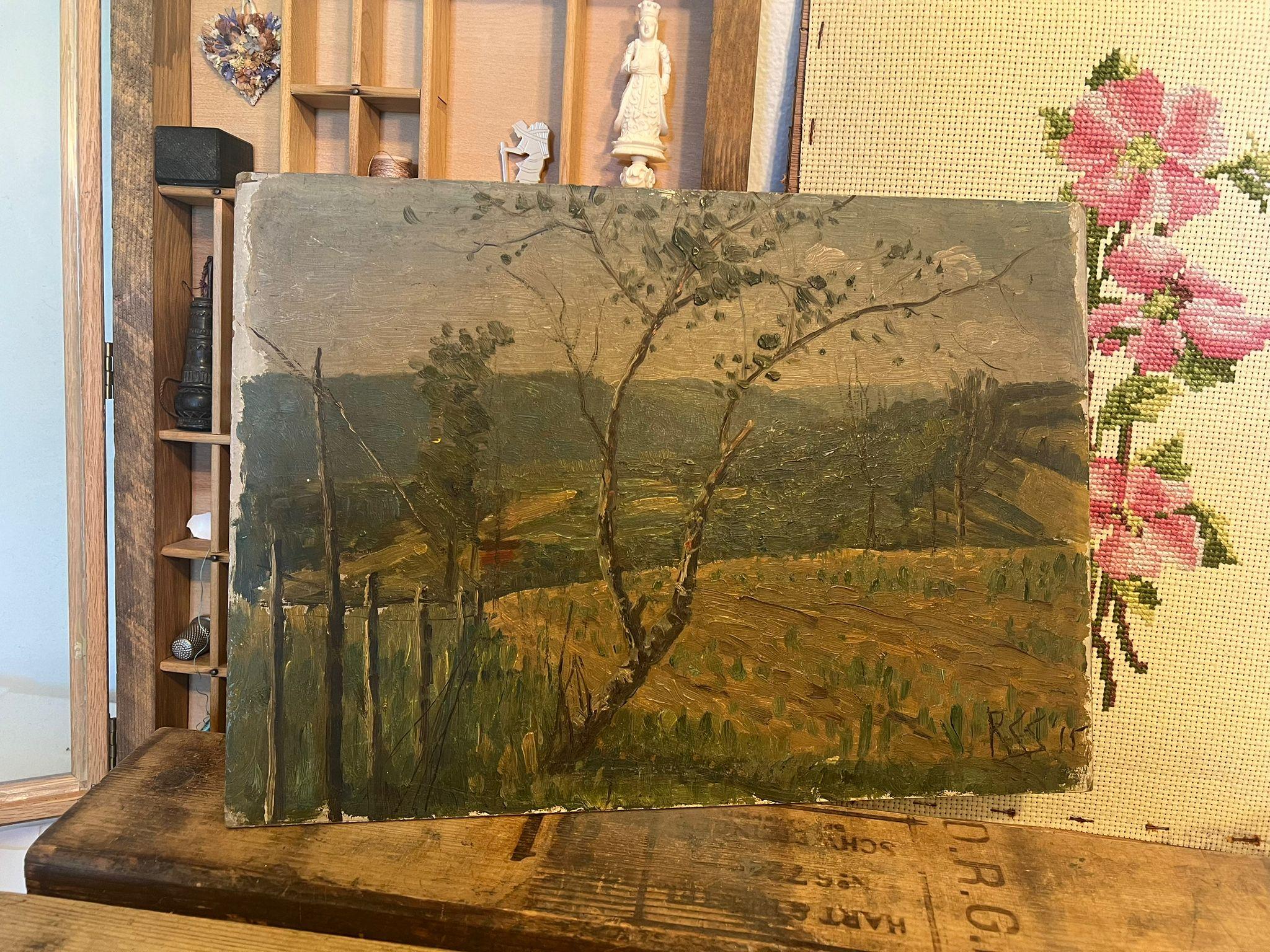 Cuadro de Paisaje pintado a mano y firmado, posiblemente Antiguo. Moderno de mediados de siglo en venta