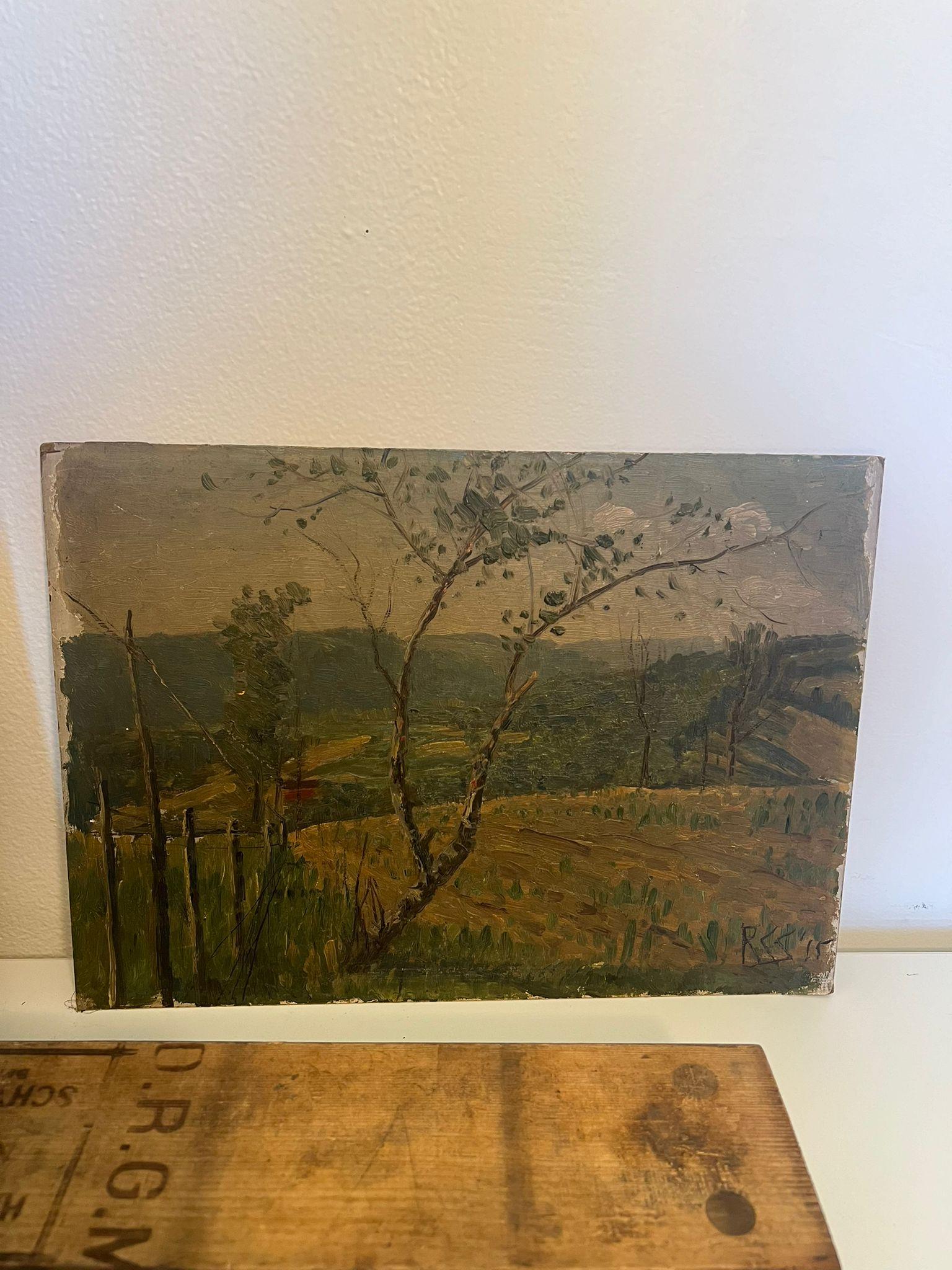 Cuadro de Paisaje pintado a mano y firmado, posiblemente Antiguo. Madera blanda en venta