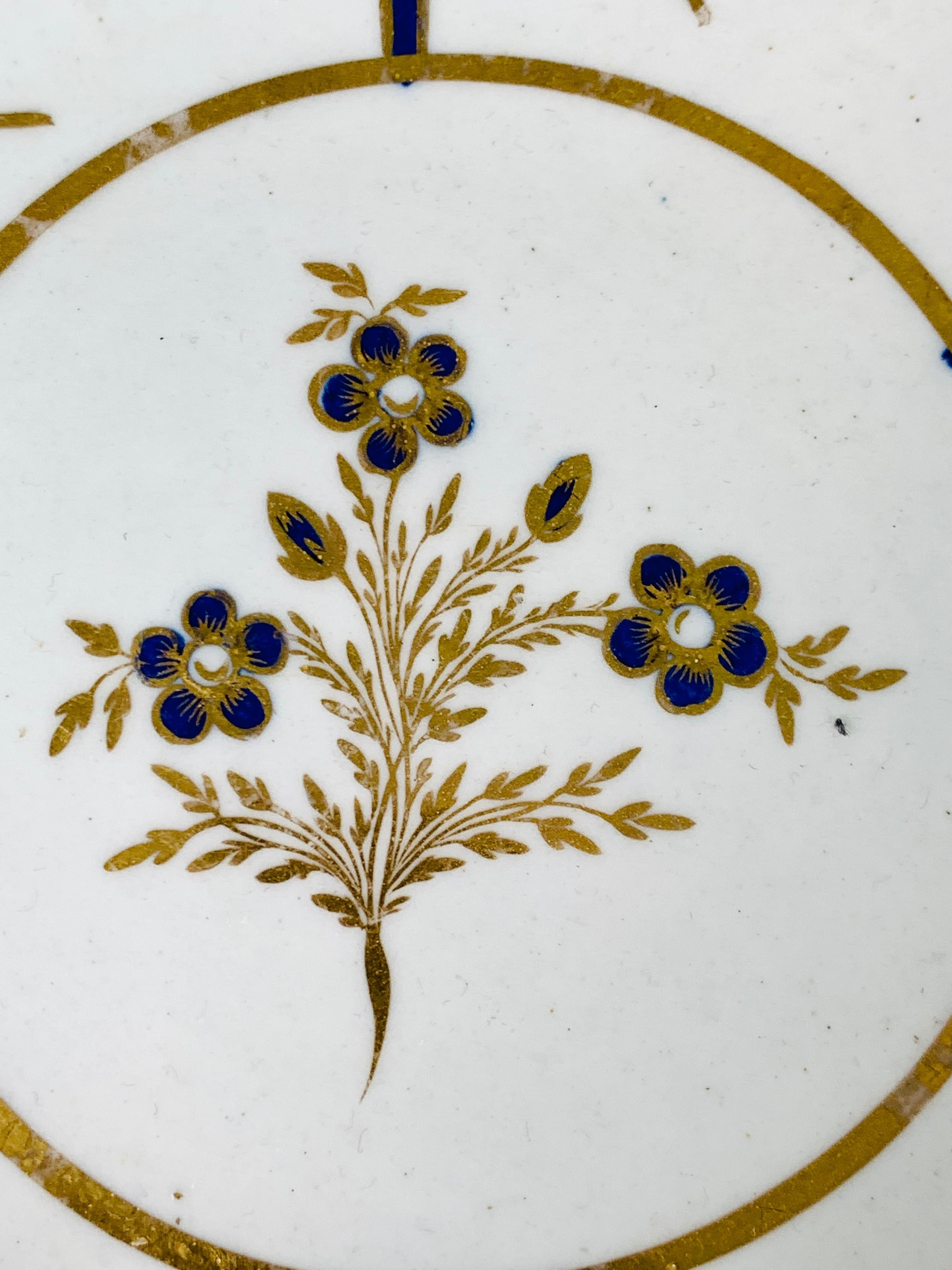 George III Hand-Painted Antique Blue & Gold English Porcelain Dish 18th Century c-1780 For Sale
