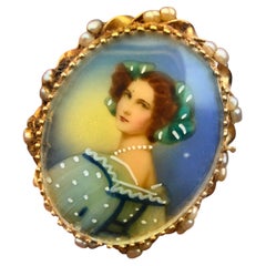 Hand painted antique brooch 14KT 7.75gr