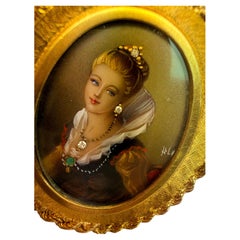 Hand painted antique diamond brooch 18KT gold 14gr