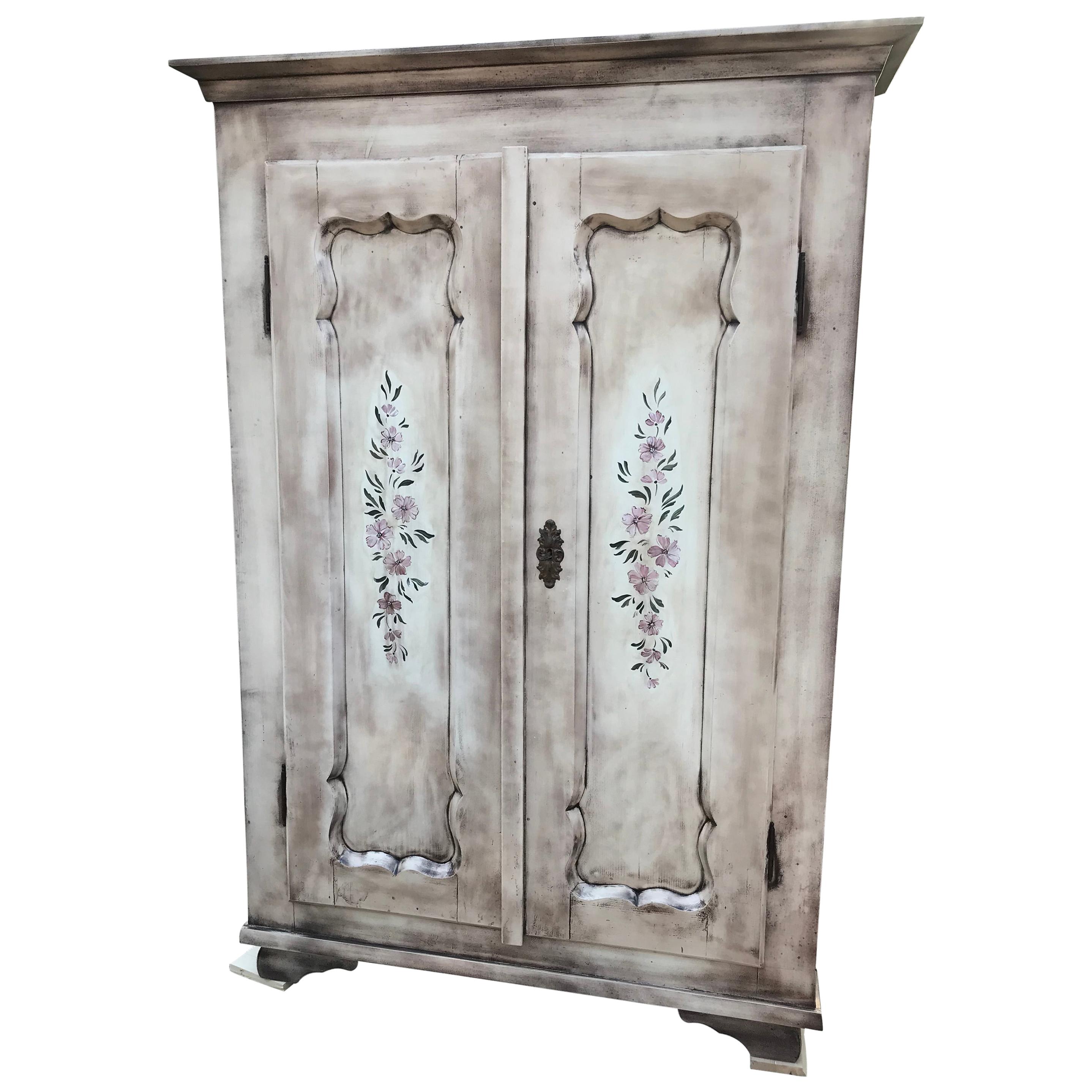 Hand Painted Antique Double Wardrobe For Sale