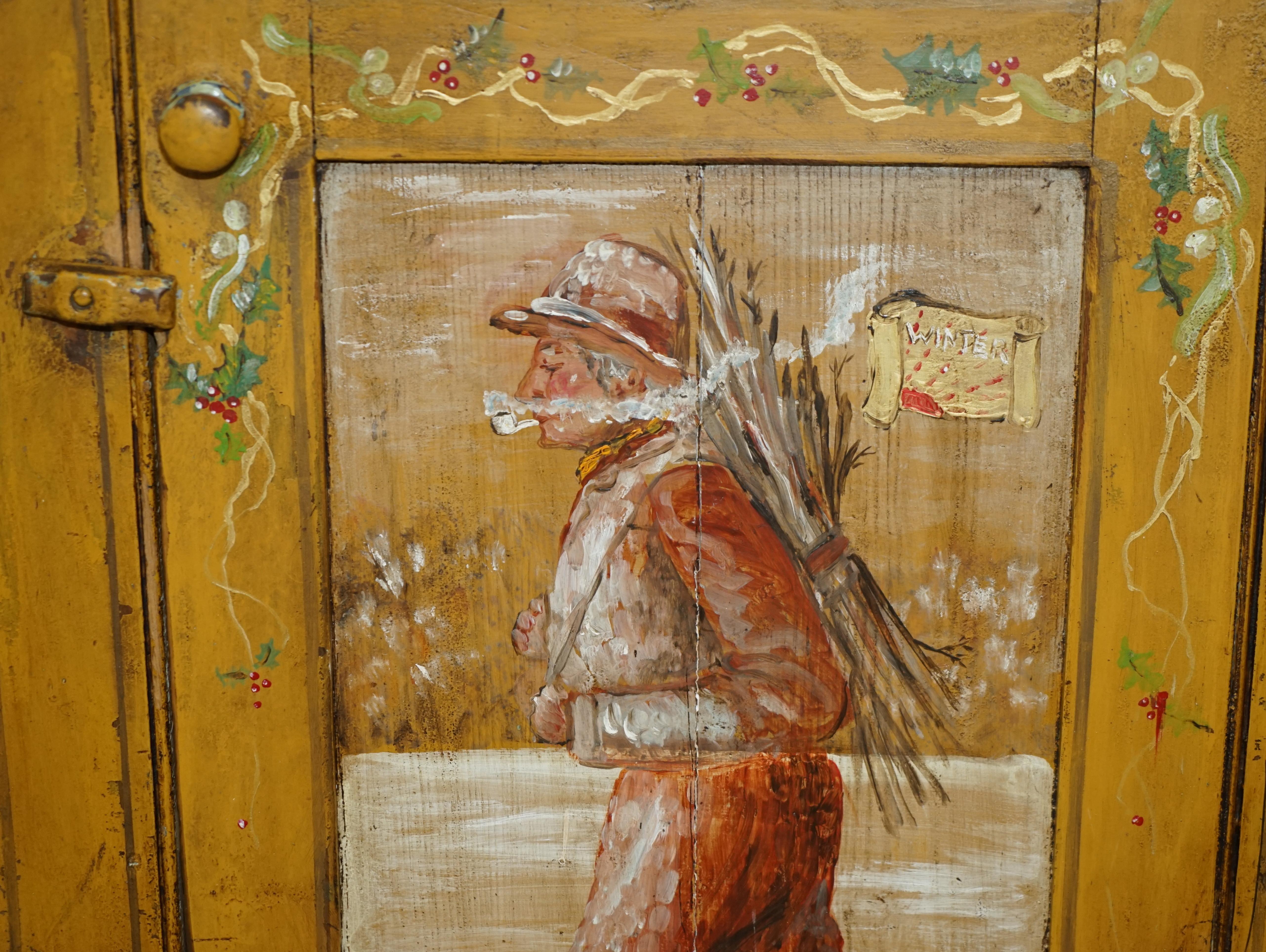 Handbemalte antike französische um 1860 Kiefer Haushälterinnen Cupboard Leinen Töpfe im Angebot 7