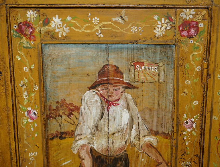 Hand Painted Antique French circa 1860 Pine Housekeepers Cupboard Linen