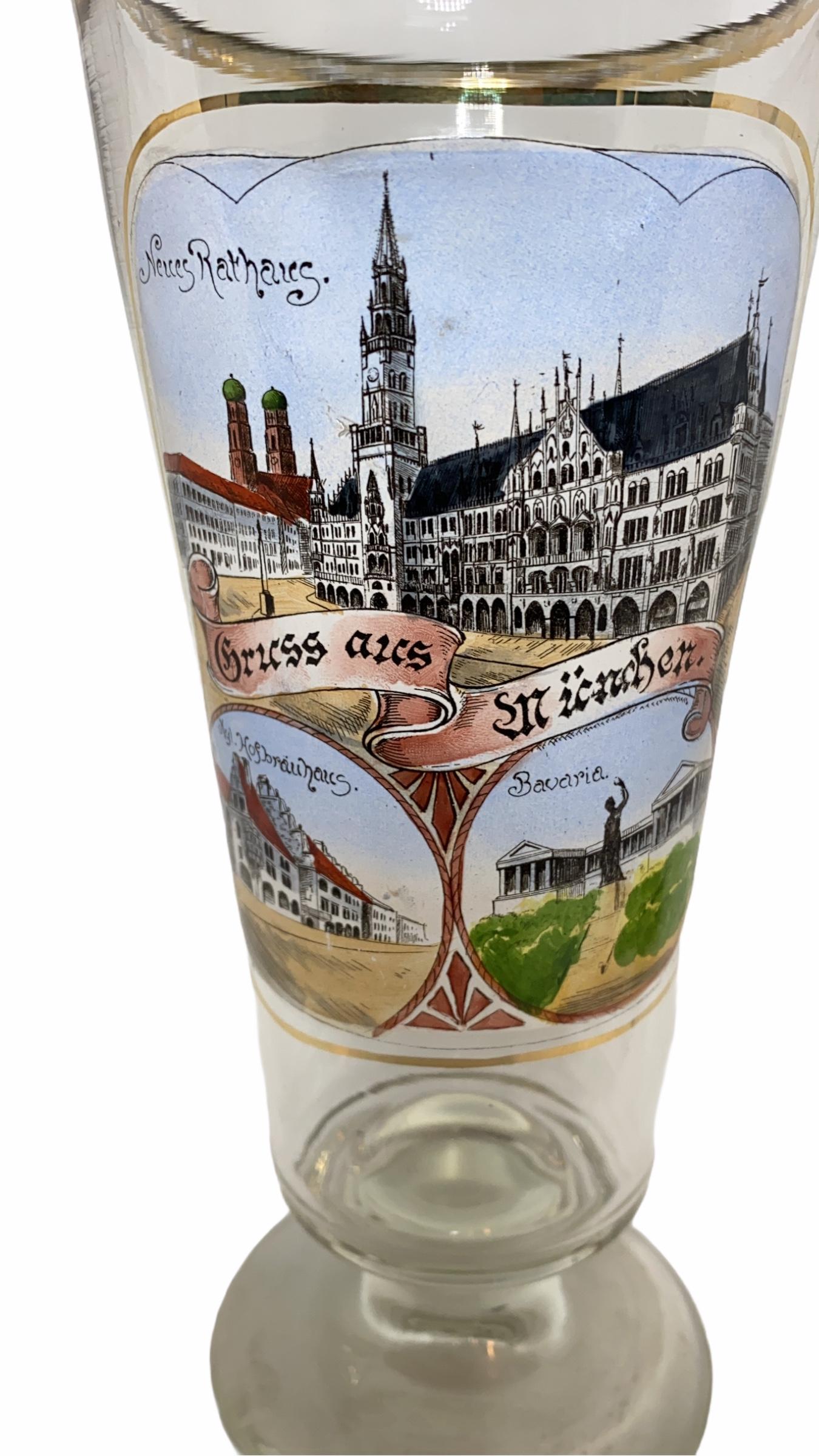 A gorgeous character Munich beer drinking glass. It has been made in Germany, circa 1900s. Absolutely gorgeous piece hand painted and still in great condition, without damage. Shows some important buildings and places of Munich. It is a 1/2 liter