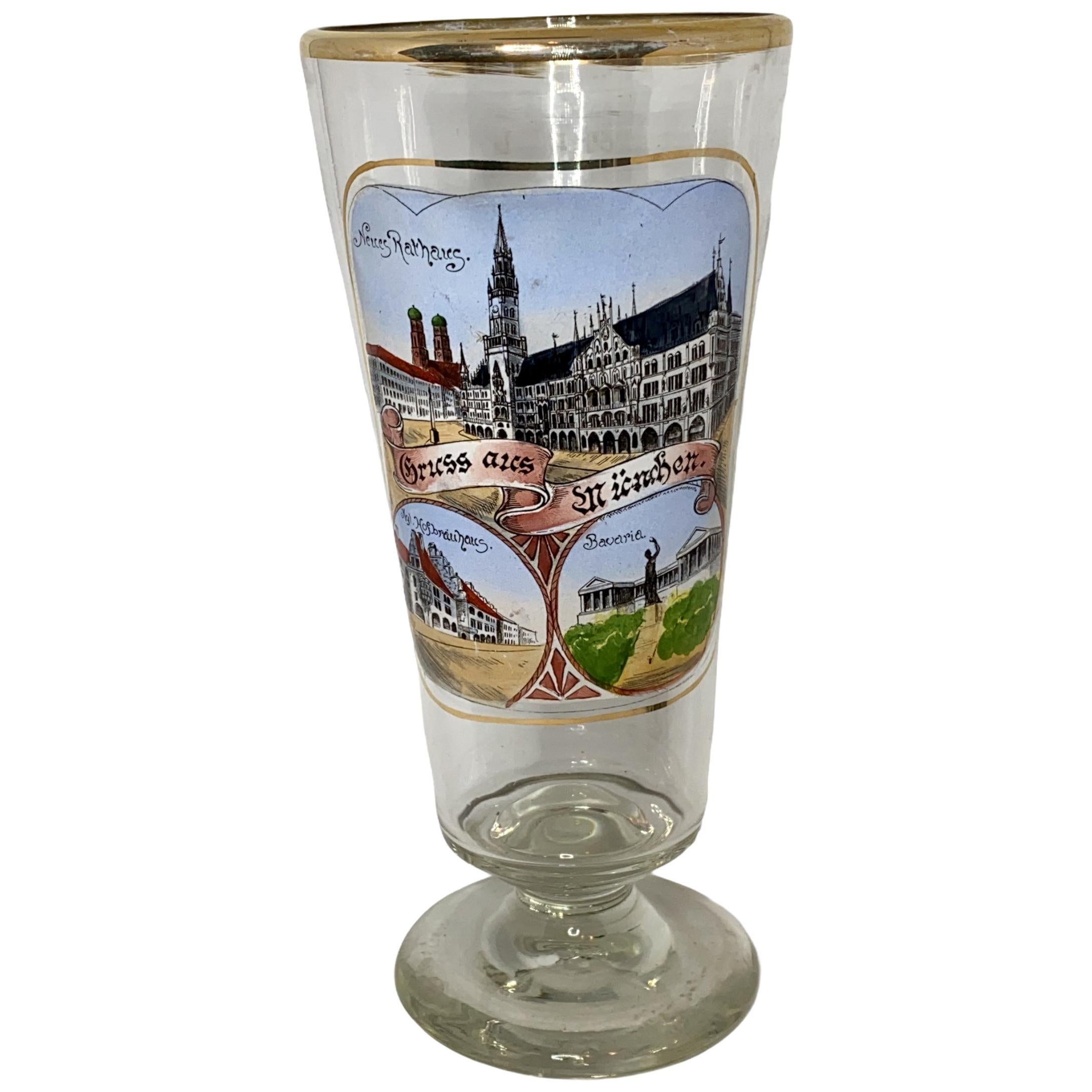 Hand Painted Antique Germany Beer Glass City View Munich, 1900s For Sale