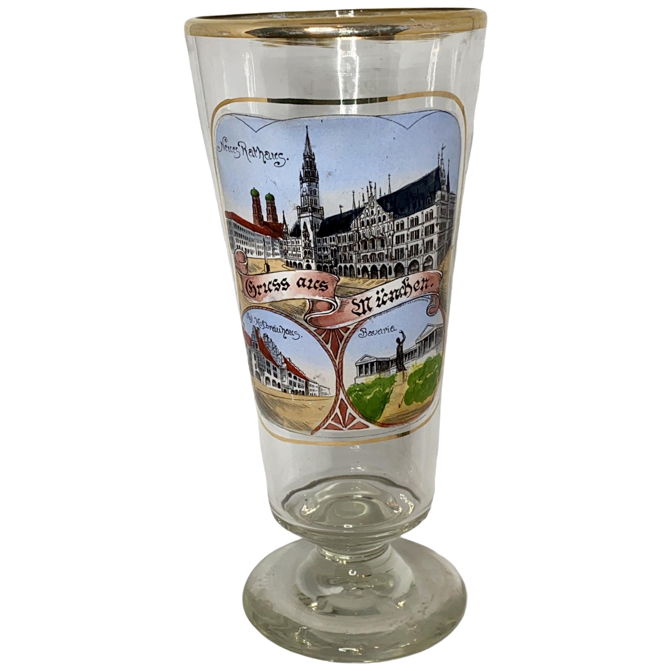 Verre de ville allemand ancien peint à la main - Vue de la ville de Munich, années 1900