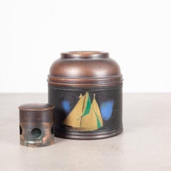 Hand Painted Antique Leather Wrapped Cooper Humidor c.1930