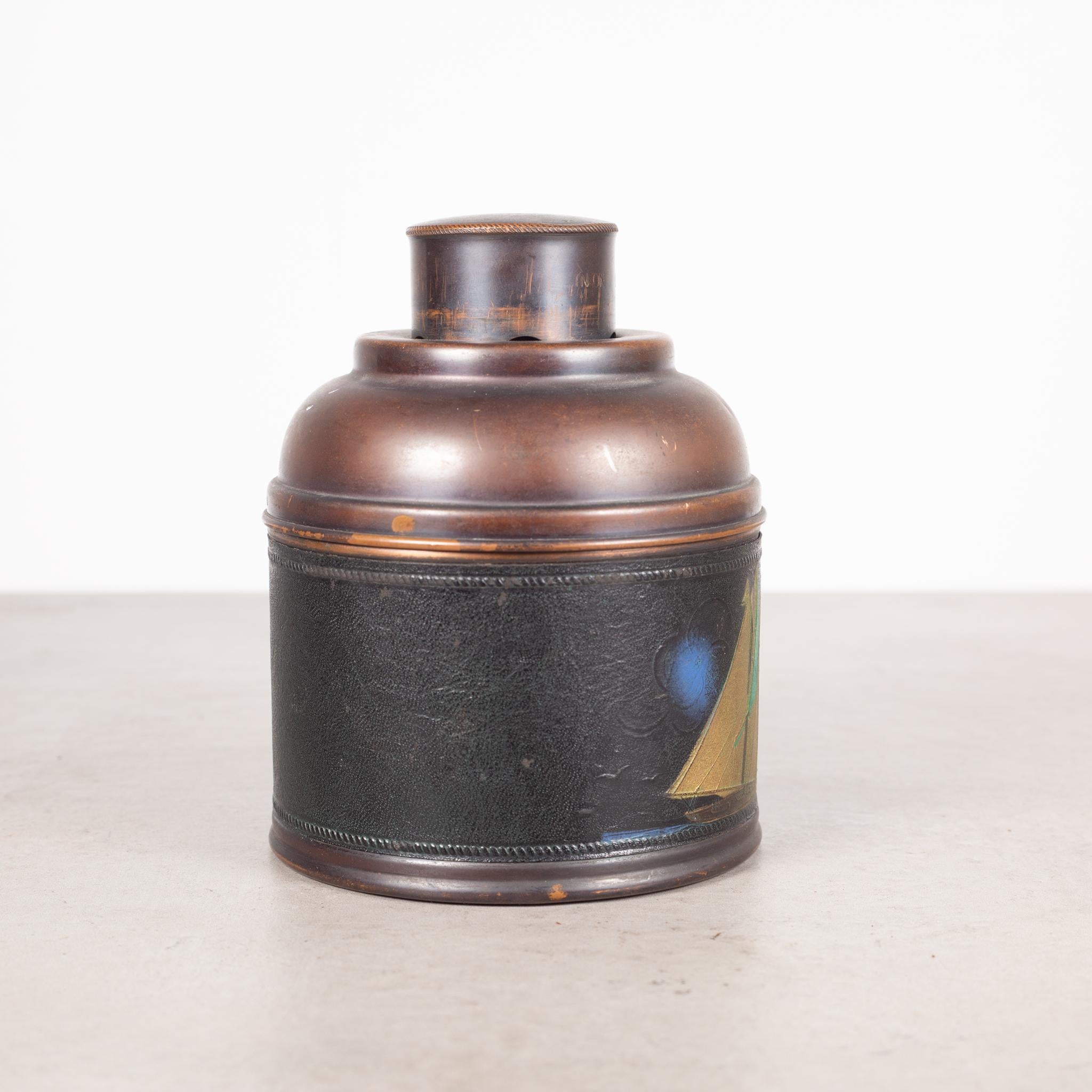 20th Century Hand Painted Antique Leather Wrapped Cooper Humidor c.1930