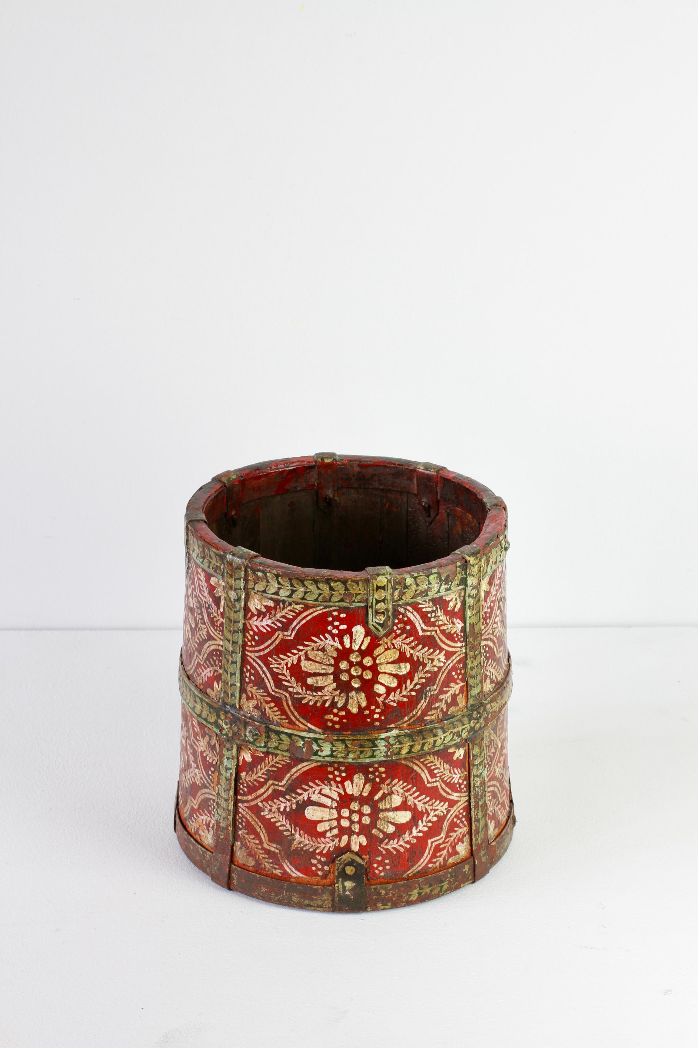 Hand Painted Antique Oak Staved Red Wooden Bucket circa 1850  6