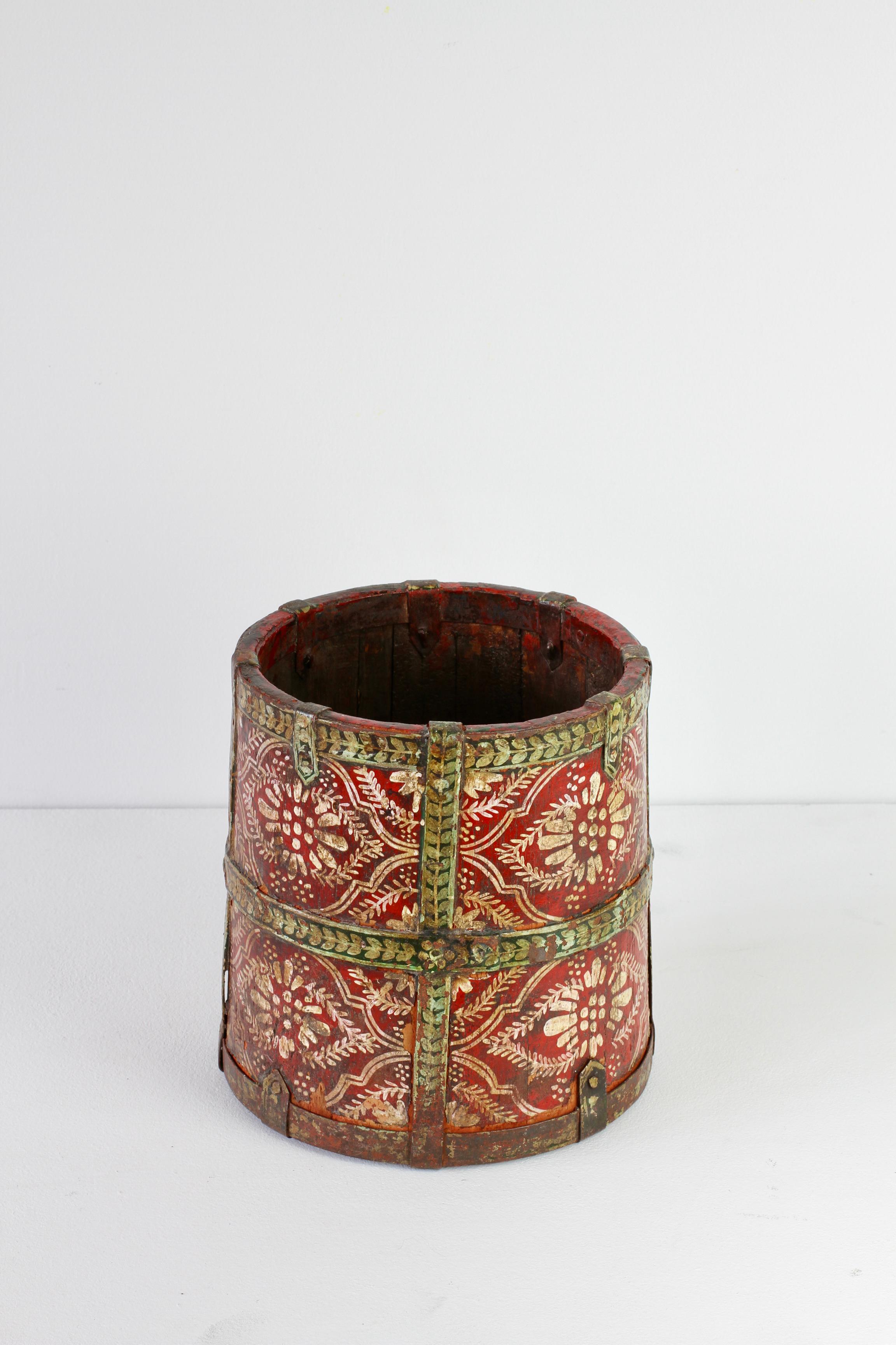 Hand Painted Antique Oak Staved Red Wooden Bucket circa 1850  9
