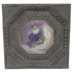 Hand-Painted Antique Tin Panel w/ Portrait of a Woman Floral Design Novak